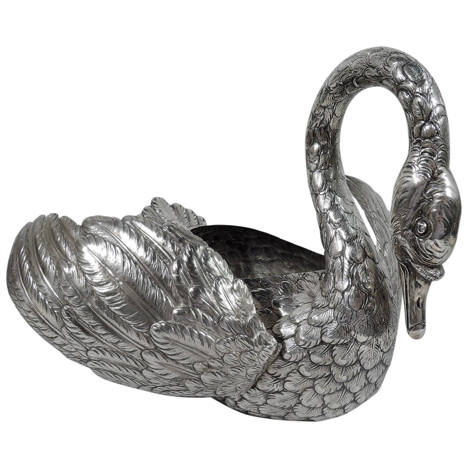 Large Antique German Sterling Silver Swan with Hinged Wings
