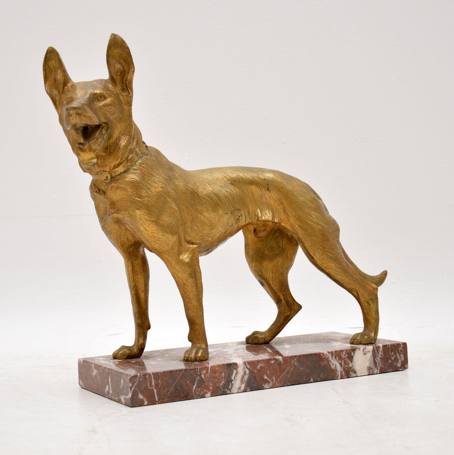 Large antique gilt bronze sculpture of an Alsatian dog by Robert Bousquet and dating from circa 1910 period. It’s a very life like bronze and has the famous sculpture signature engraved on the dog collar. This gilt bronze is in excellent original