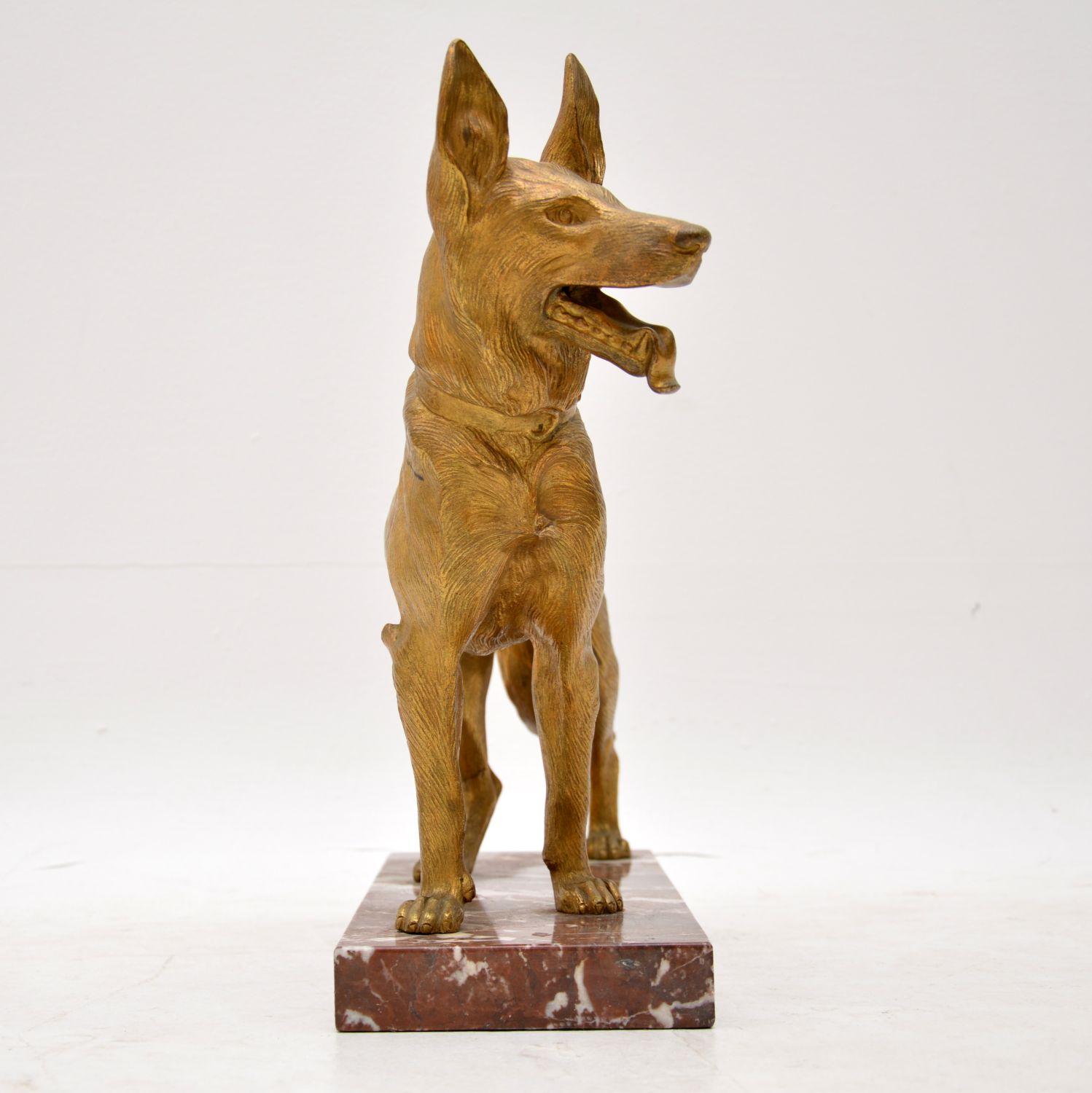Art Nouveau Large Antique Gilt Bronze Dog Sculpture by Robert Bousquet