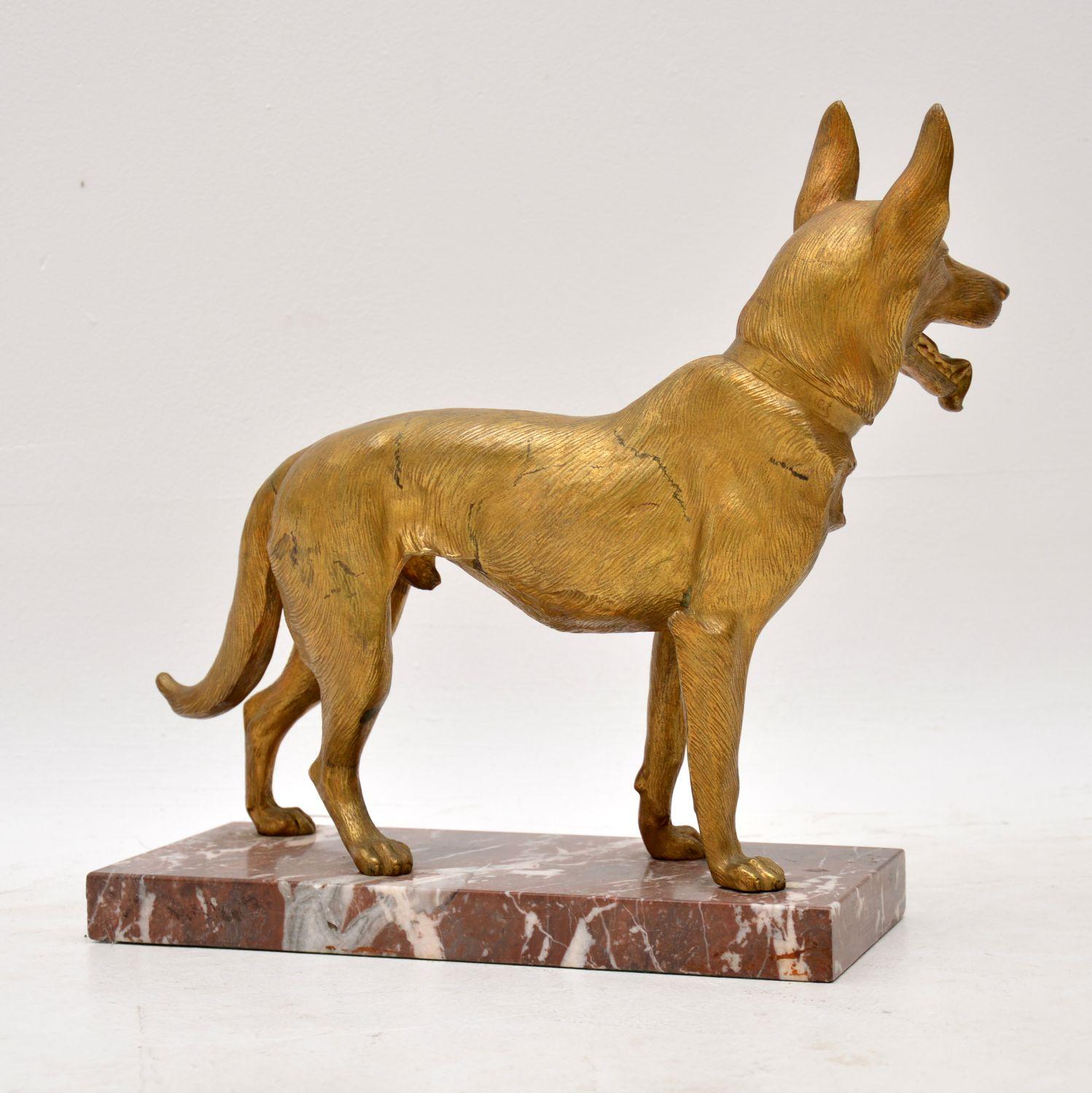 French Large Antique Gilt Bronze Dog Sculpture by Robert Bousquet