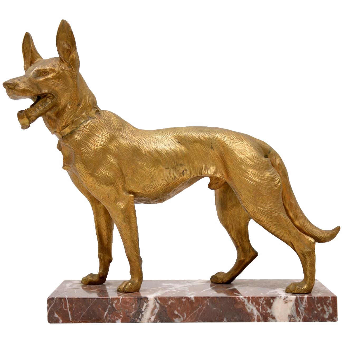 Large Antique Gilt Bronze Dog Sculpture by Robert Bousquet For Sale at
