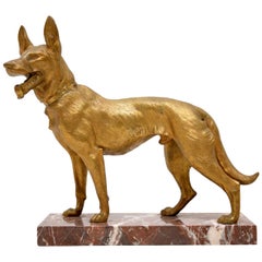Large Antique Gilt Bronze Dog Sculpture by Robert Bousquet