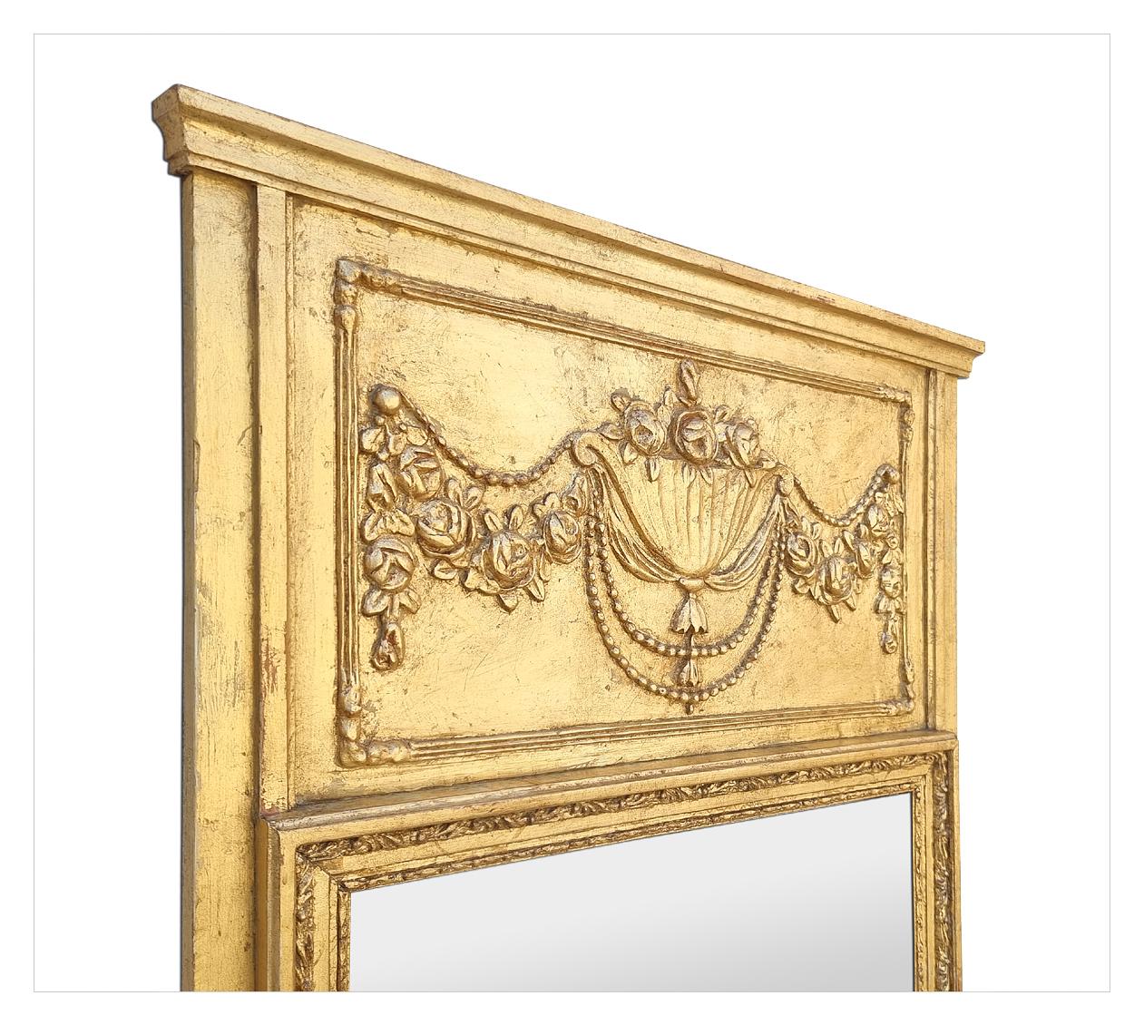 French Large Antique Giltwood Overmantel Mirror, France circa 1935 For Sale