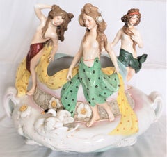 Large Antique Glazed Amphora Pottery Centerpiece with Three Semi-Nude Maidens