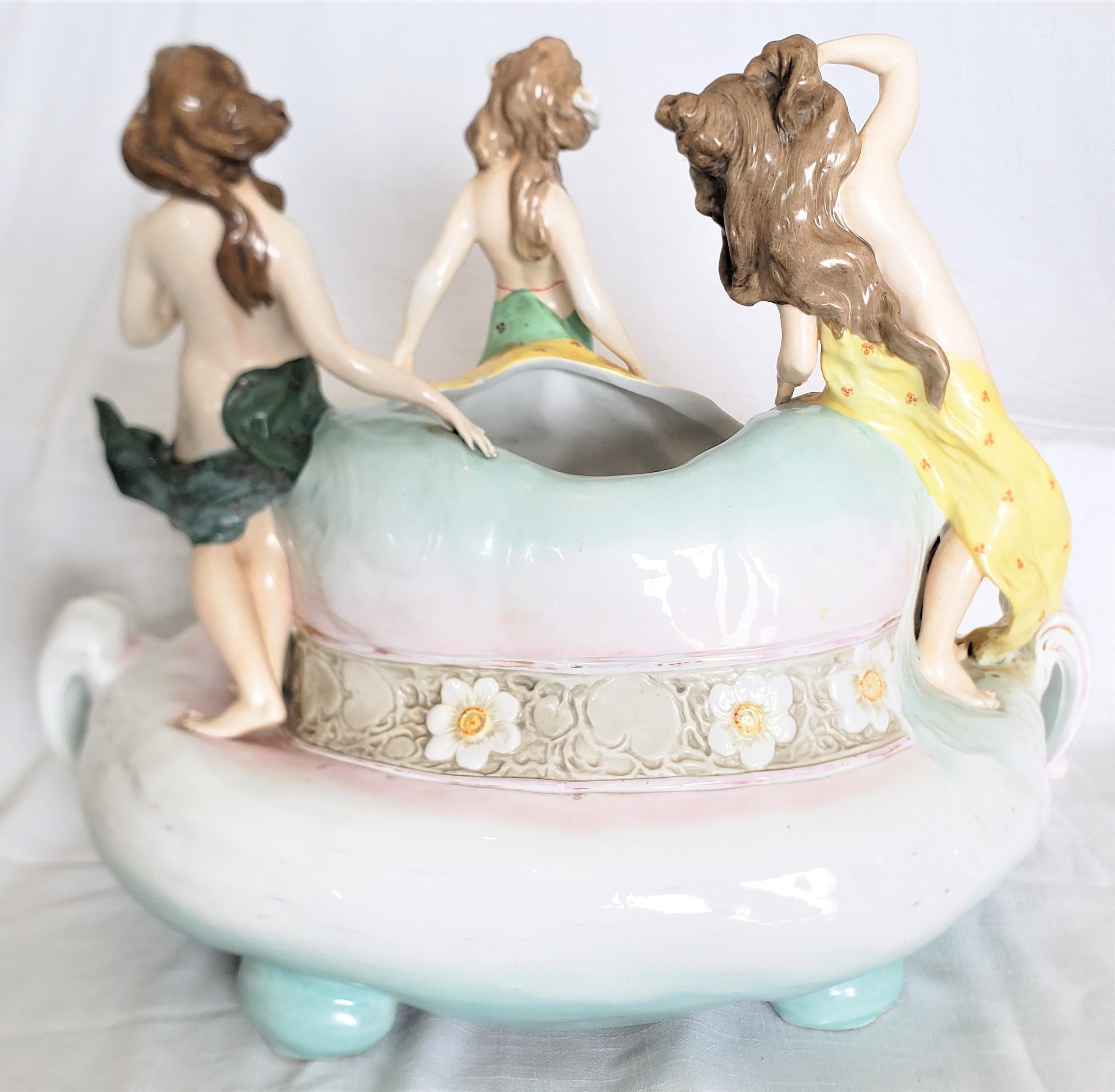 Hand-Painted Large Antique Glazed Amphora Pottery Centerpiece with Three Semi-Nude Maidens For Sale