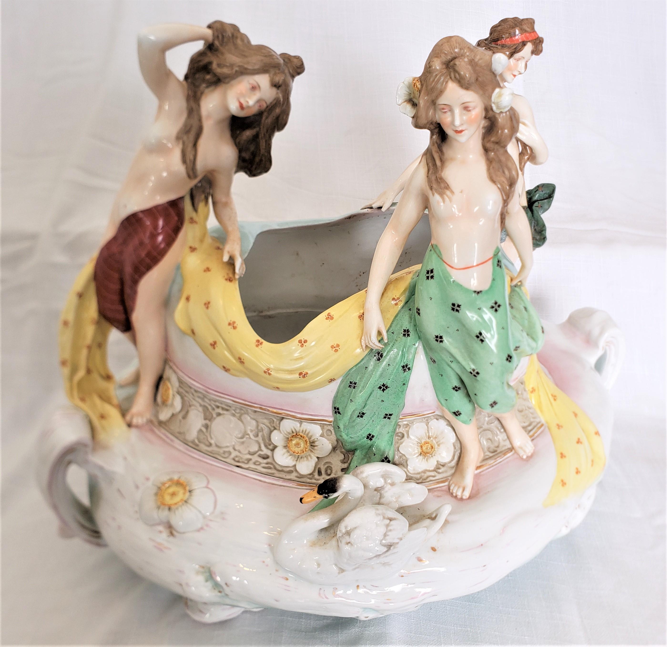 19th Century Large Antique Glazed Amphora Pottery Centerpiece with Three Semi-Nude Maidens For Sale