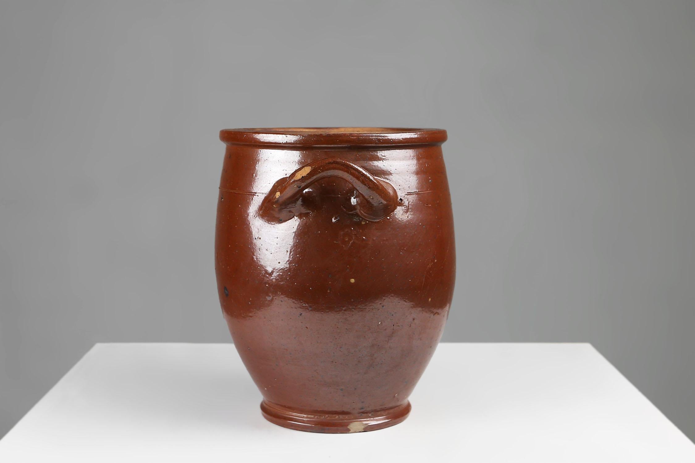 Belgian Large antique glazed brown ceramic pot, Belgium, 1800 For Sale
