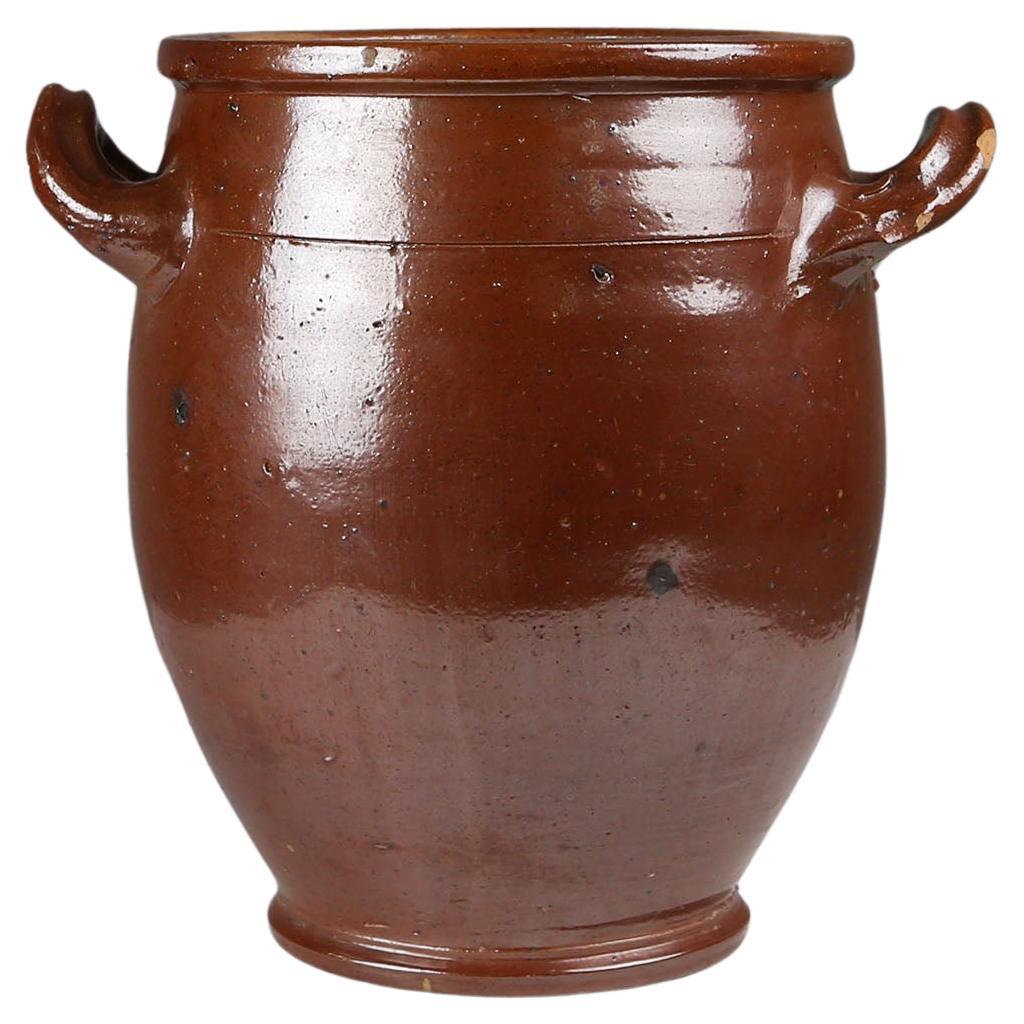 Grand pot antique en céramique brune émaillée, Belgique, 1800