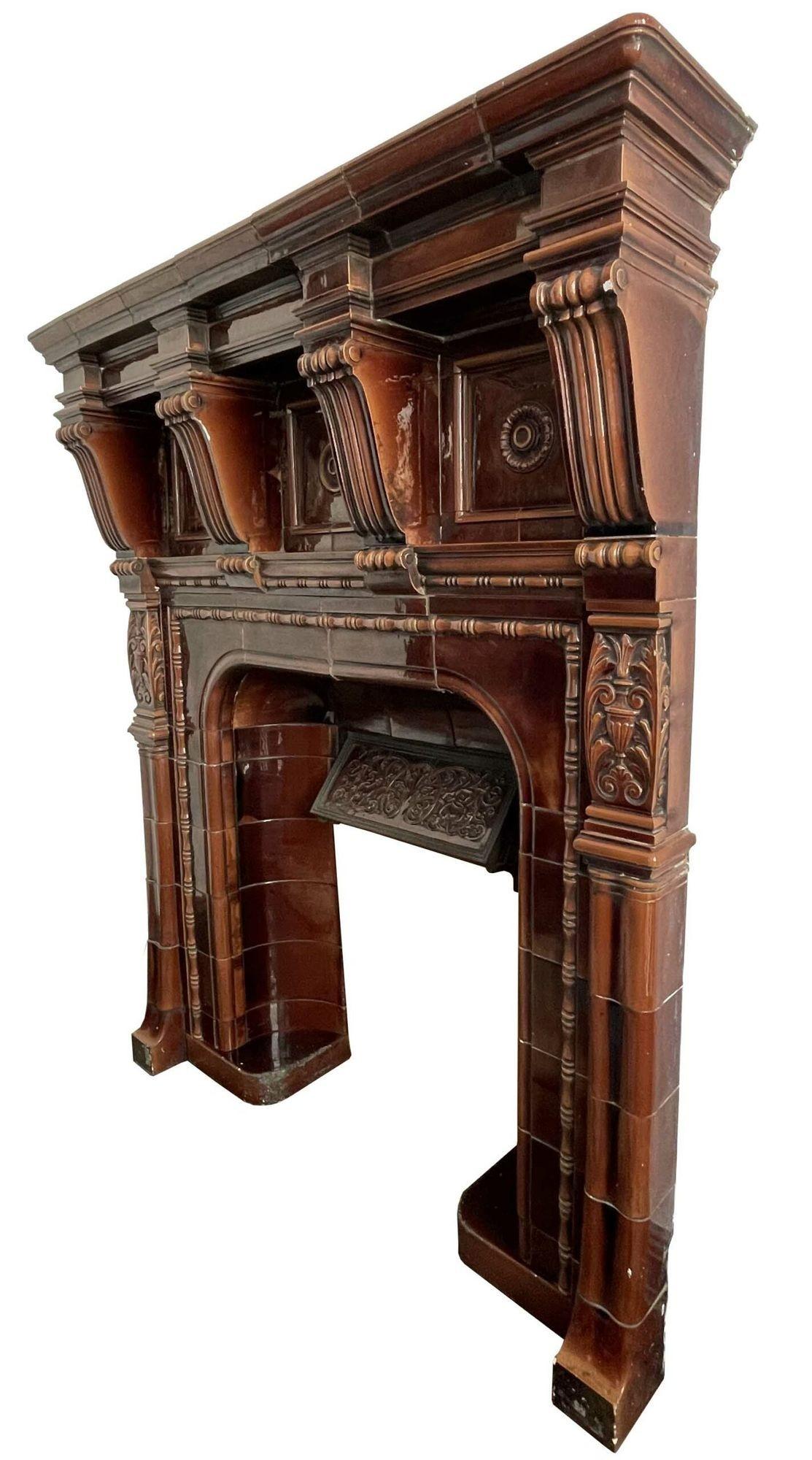 This is one of three similar antique fire mantels recently salvaged from a property in the East of England. It is most likely made by Doulton. It features a two-tone brown glaze.
 
Additional Dimensions 
Opening height 84 cm
Opening width 53.5