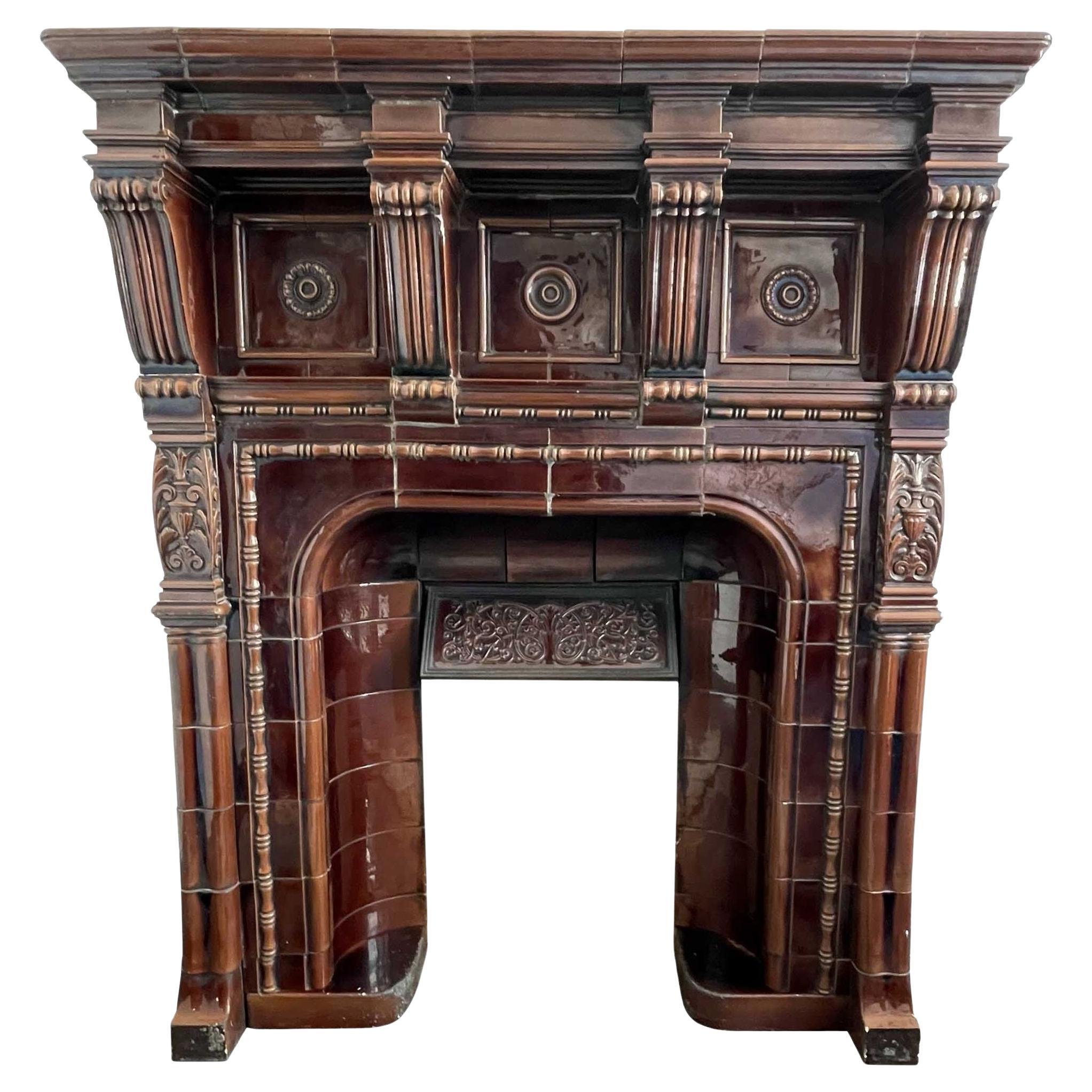 Large Antique Glazed Ceramic Fire Mantel For Sale