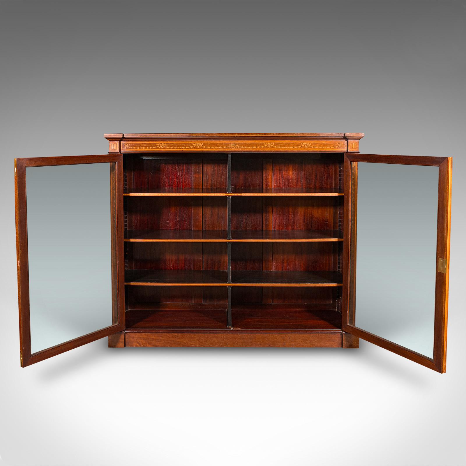 British Large Antique Glazed Display Cabinet, English, Drawing Room, Bookcase, Edwardian For Sale