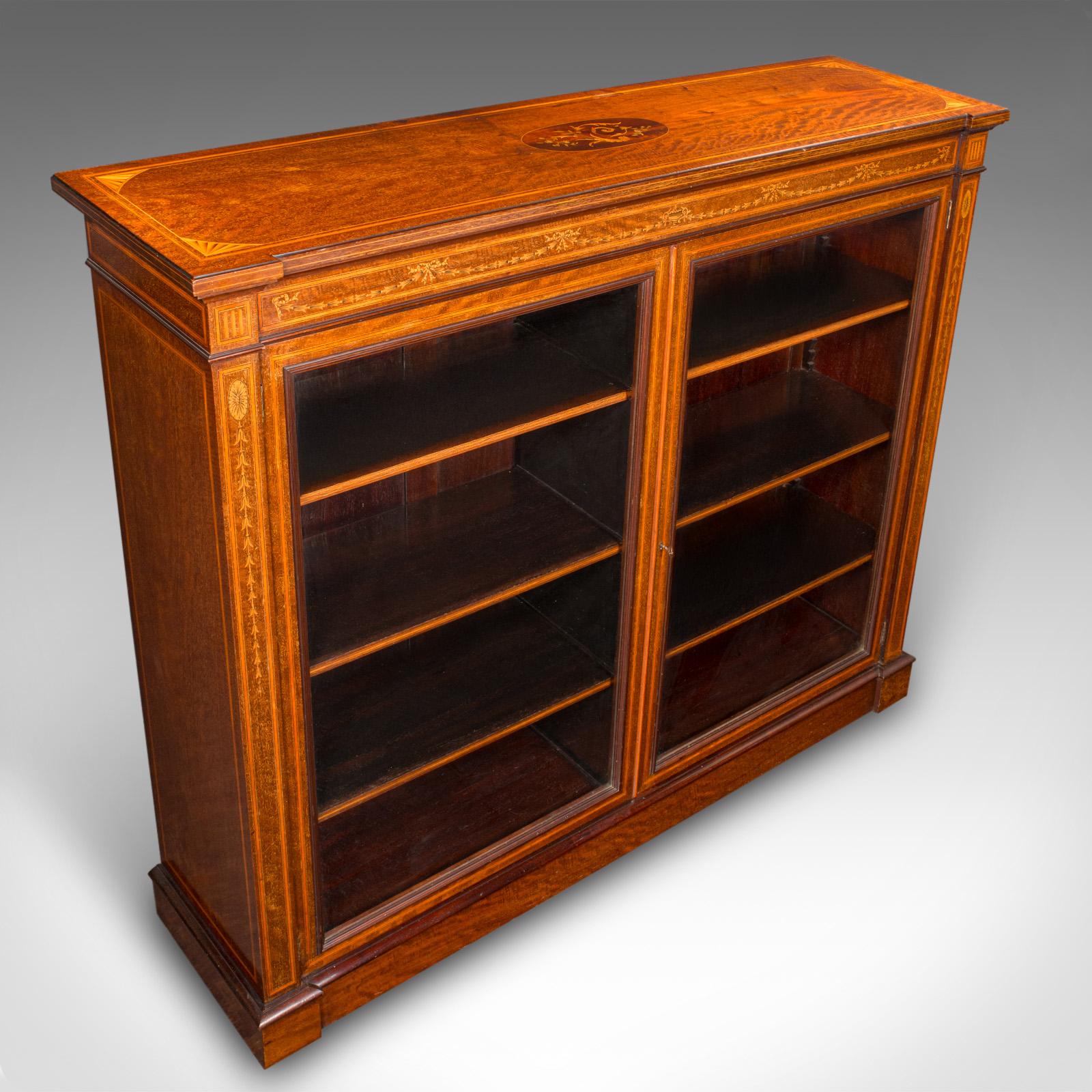 Large Antique Glazed Display Cabinet, English, Drawing Room, Bookcase, Edwardian For Sale 1