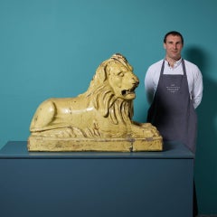 Large Antique Glazed Stoneware Recumbent Lion Statue