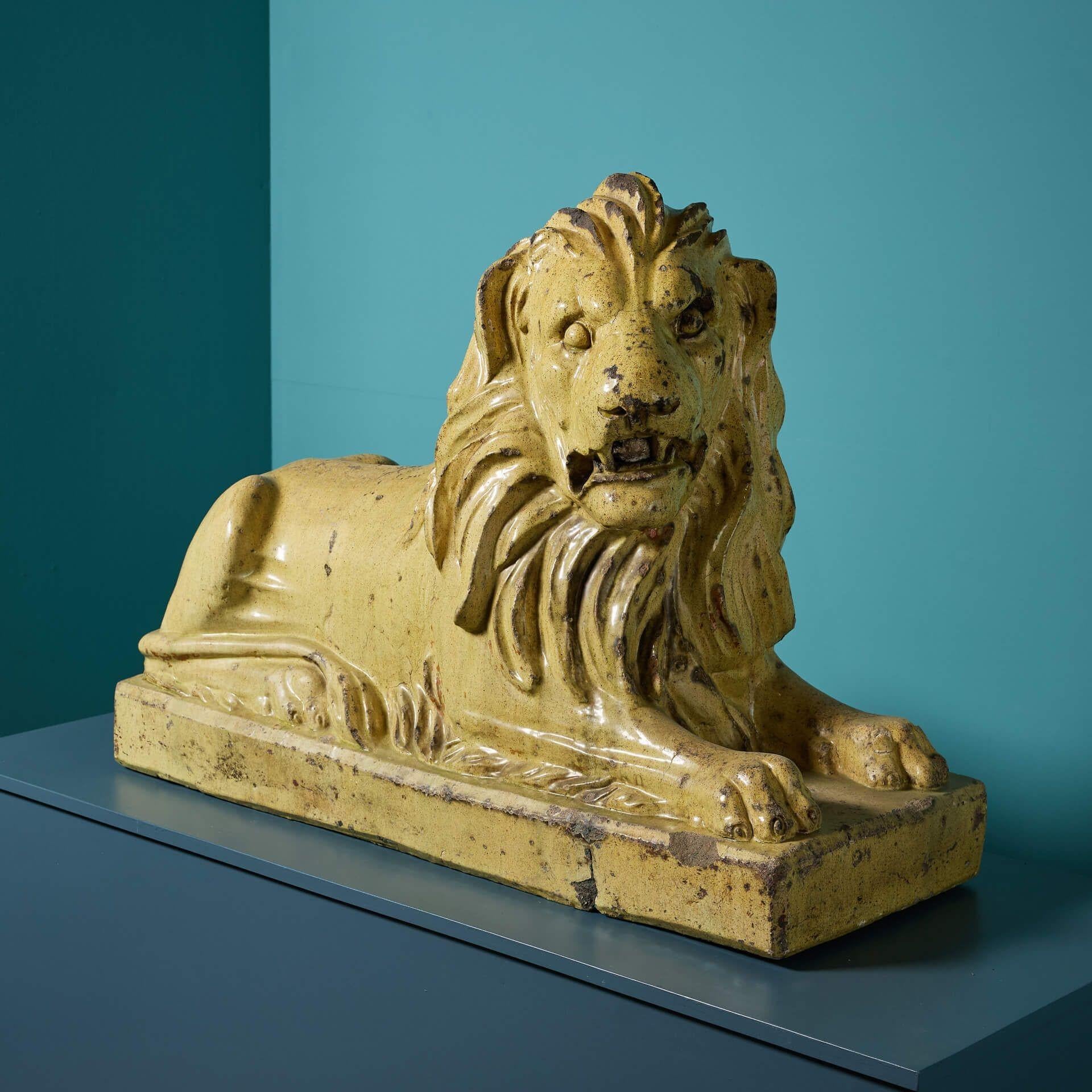 Victorian Large Antique Glazed Stoneware Recumbent Lion Statue For Sale
