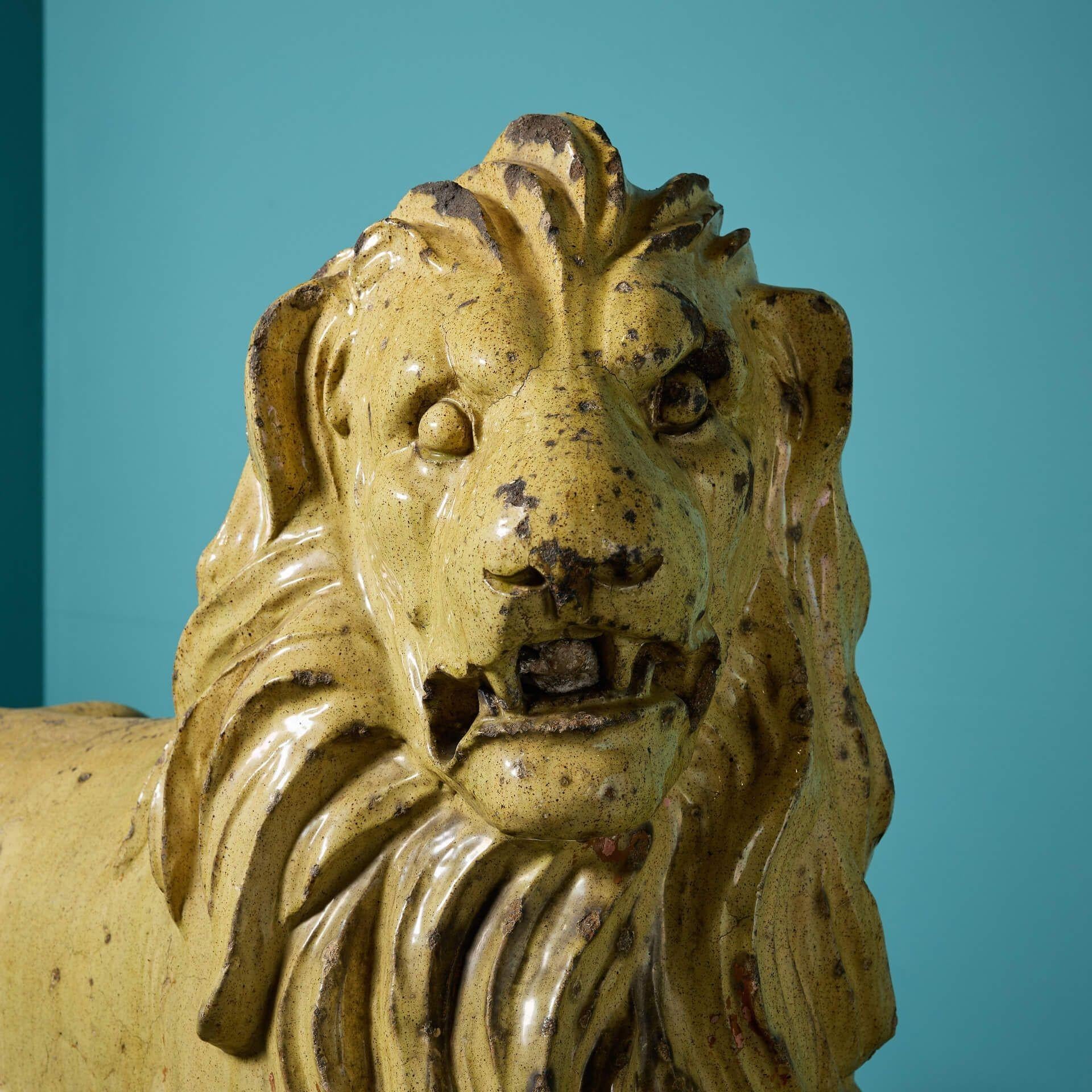 Scottish Large Antique Glazed Stoneware Recumbent Lion Statue For Sale