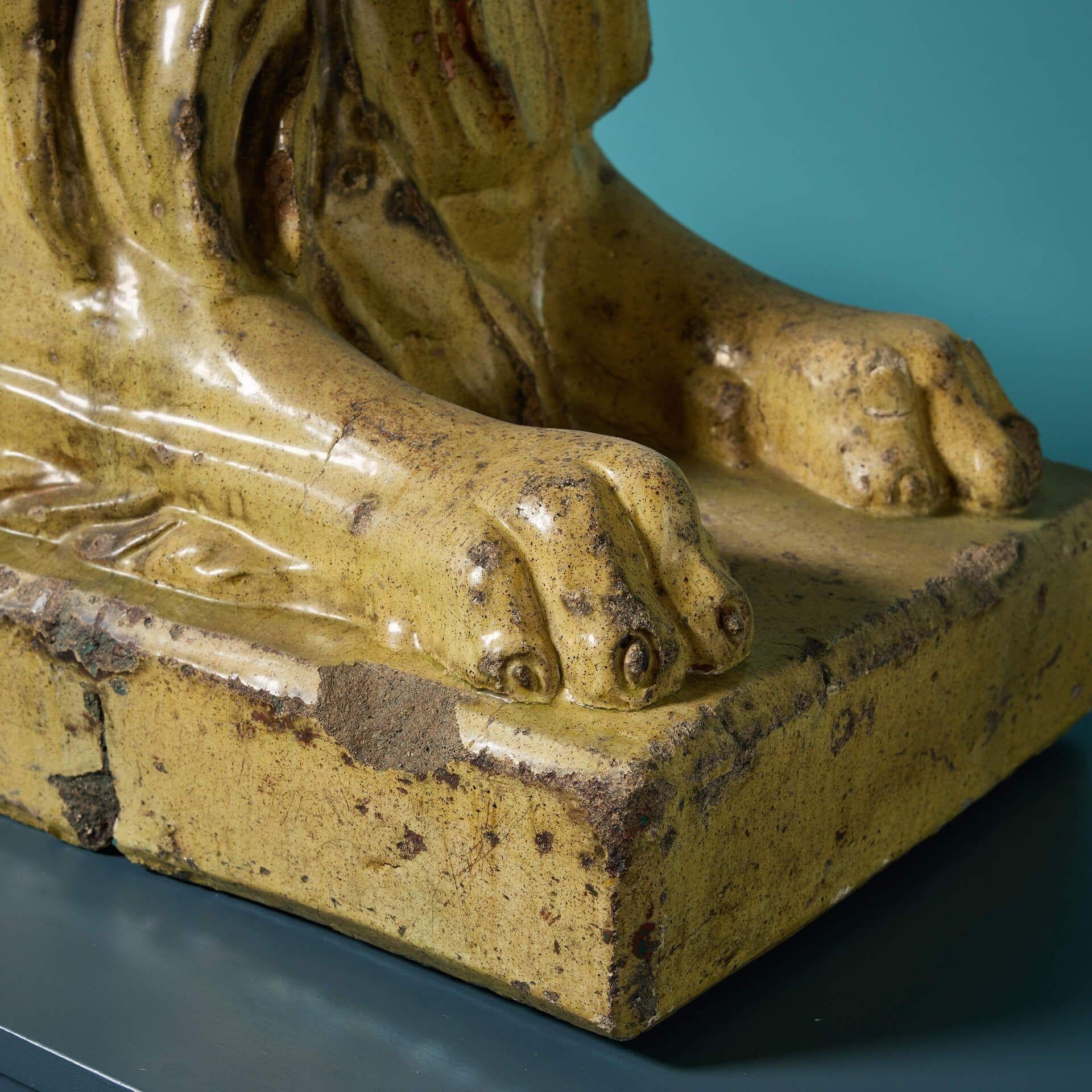 Large Antique Glazed Stoneware Recumbent Lion Statue In Fair Condition For Sale In Wormelow, Herefordshire