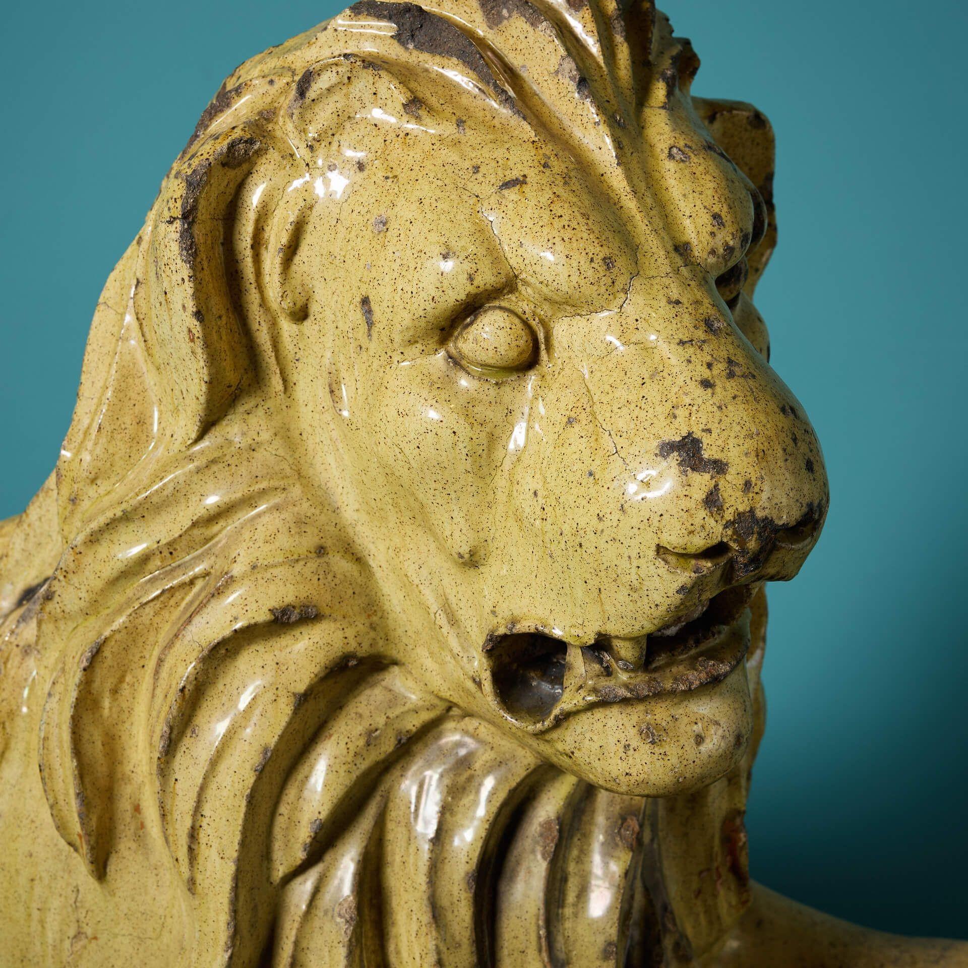 19th Century Large Antique Glazed Stoneware Recumbent Lion Statue For Sale