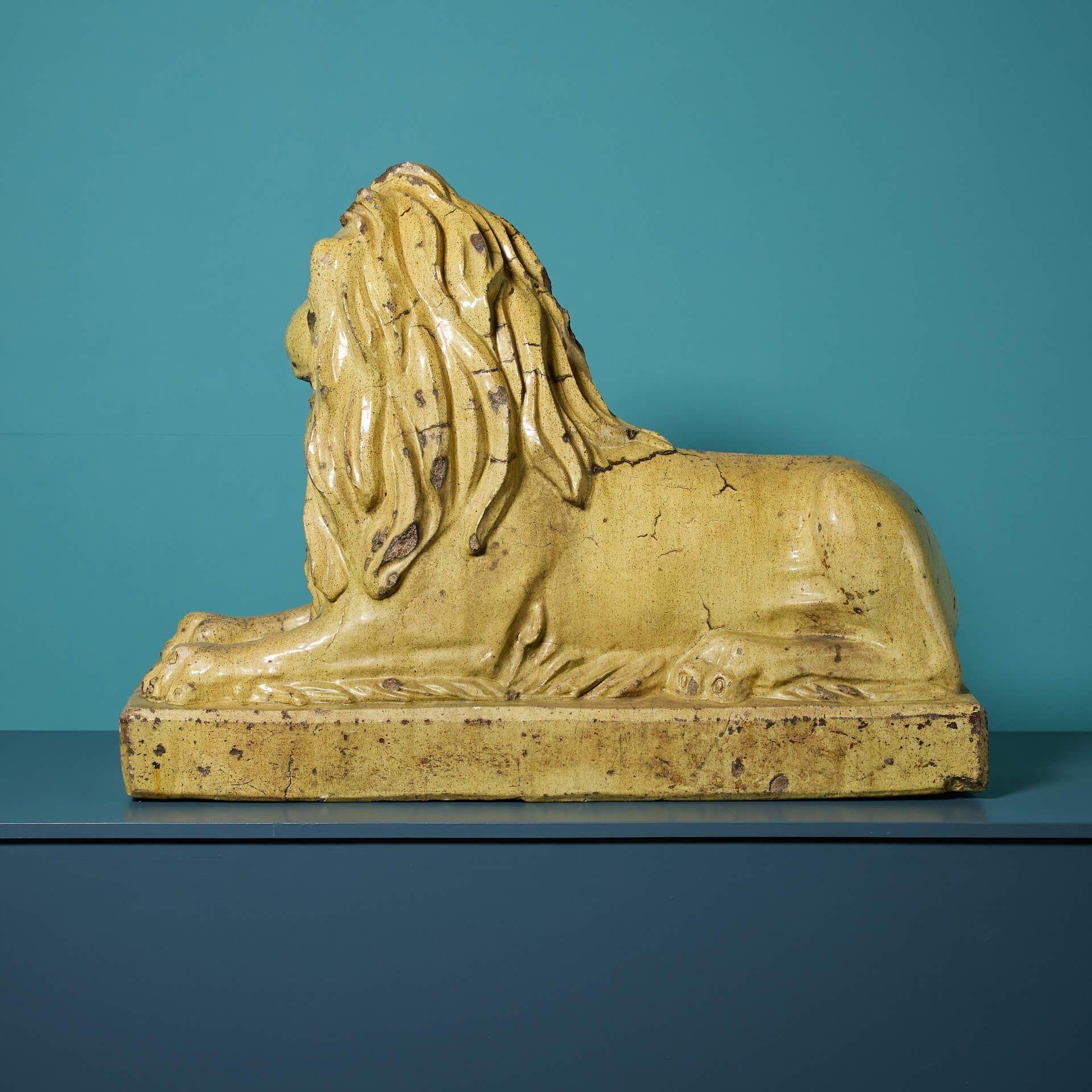 Large Antique Glazed Stoneware Recumbent Lion Statue For Sale 1