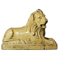 Large Antique Glazed Stoneware Recumbent Lion Statue