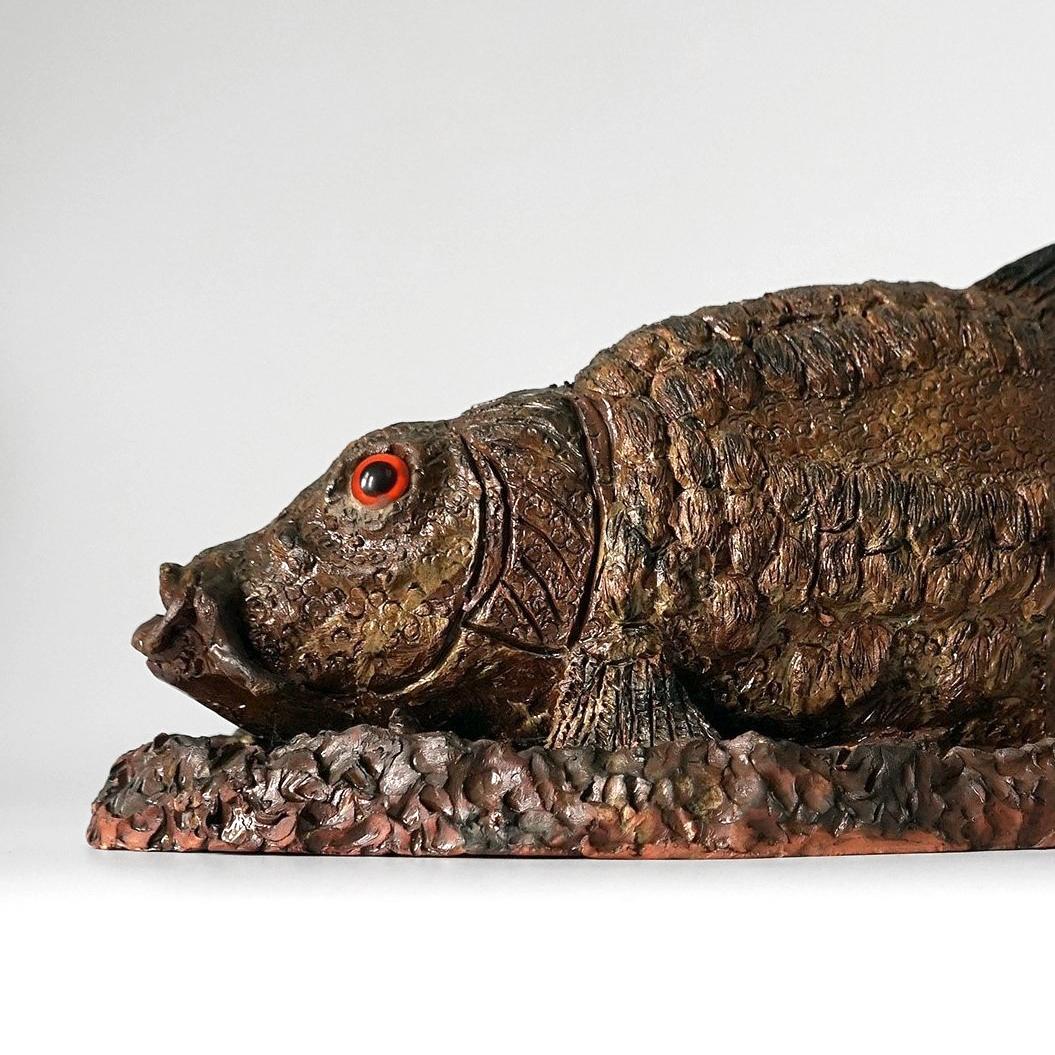Large Antique Glazed Studio Pottery Ceramic Terracotta Fish Sculpture, c. 1900 For Sale 1