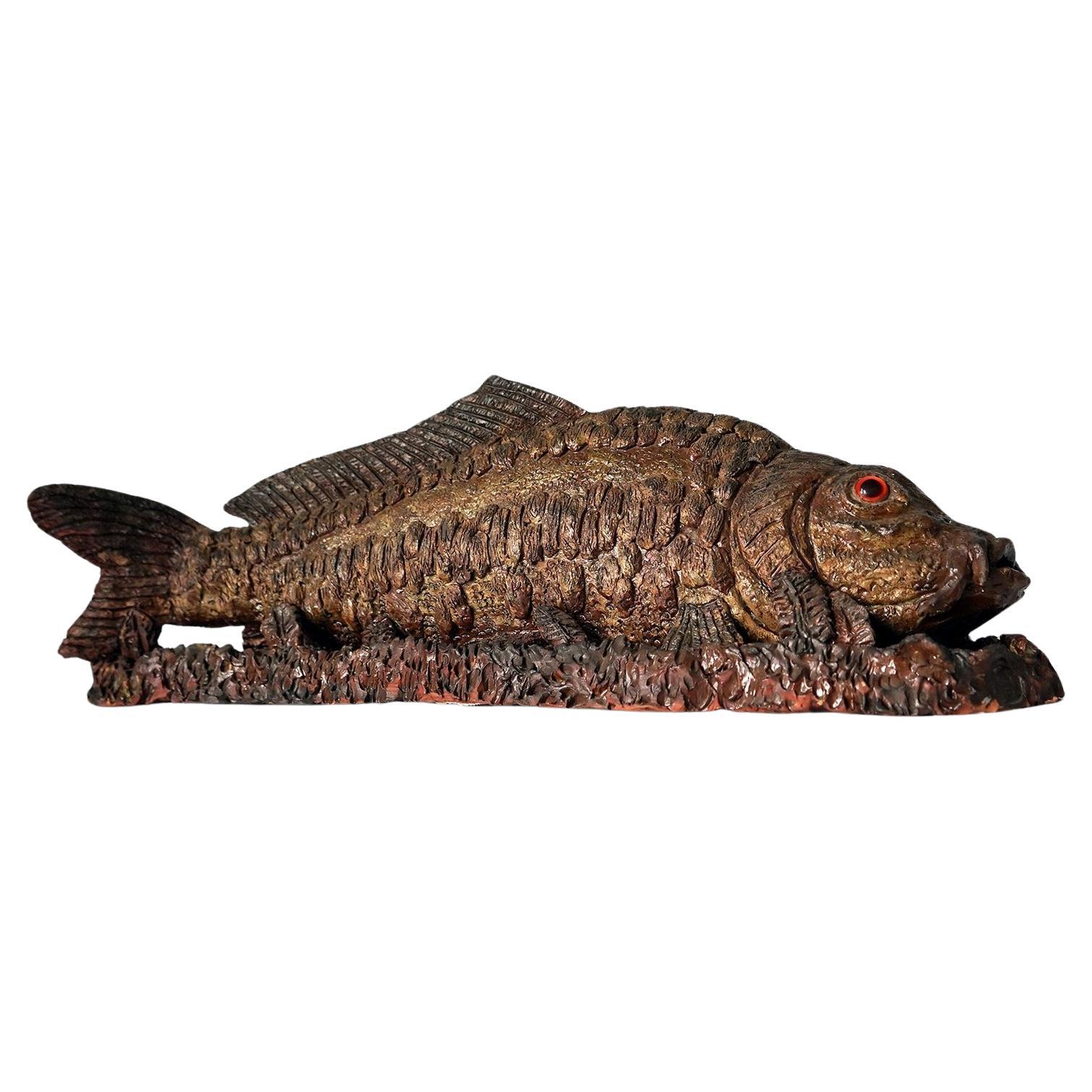 Große antike glasierte Studio-Keramik-Terrakotta-Fisch-Skulptur aus Keramik, um 1900