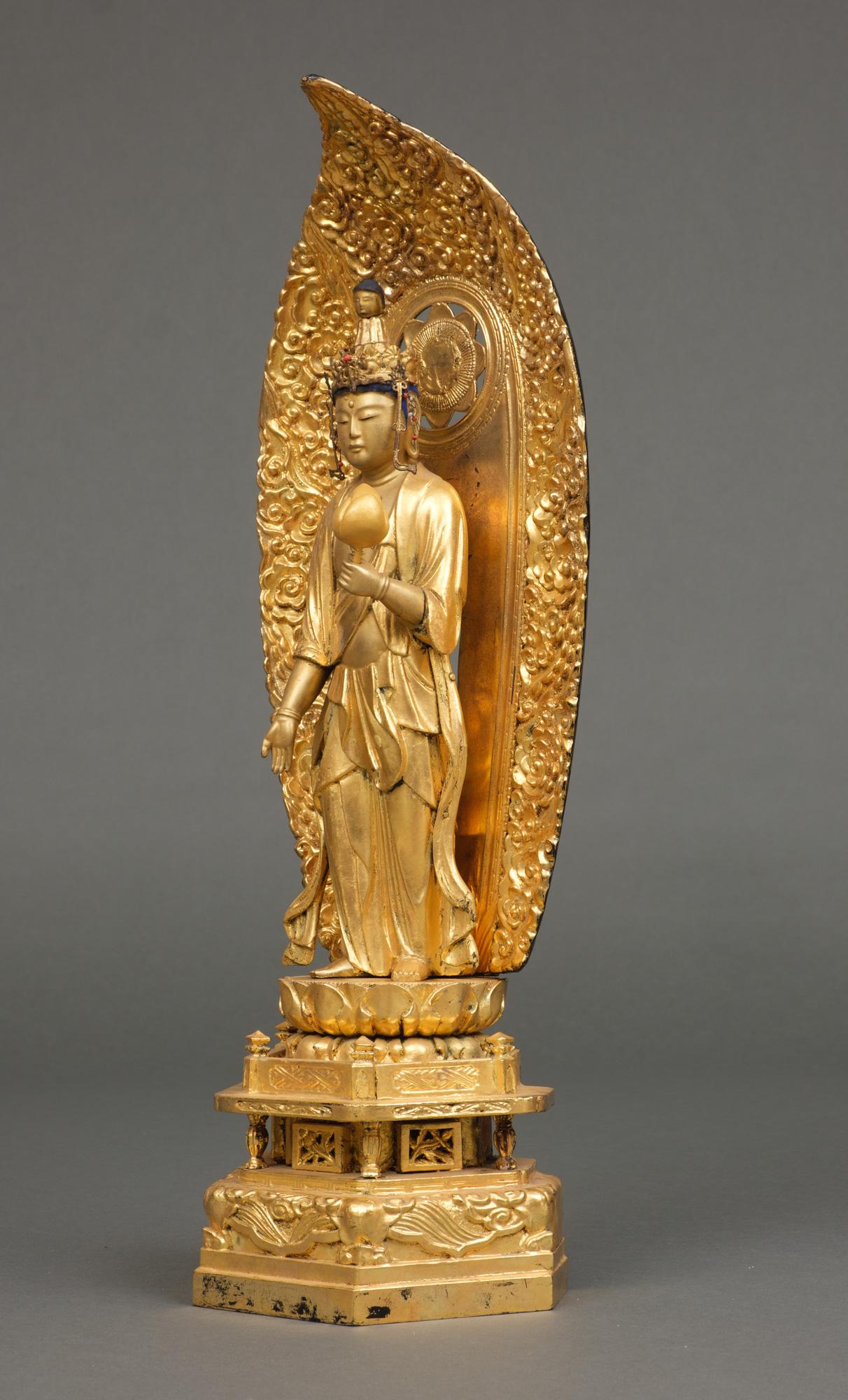 Japanese Large Gold Lacquer Bodhisattva Kannon 観音 Holding a Padma 'Lotus' 10