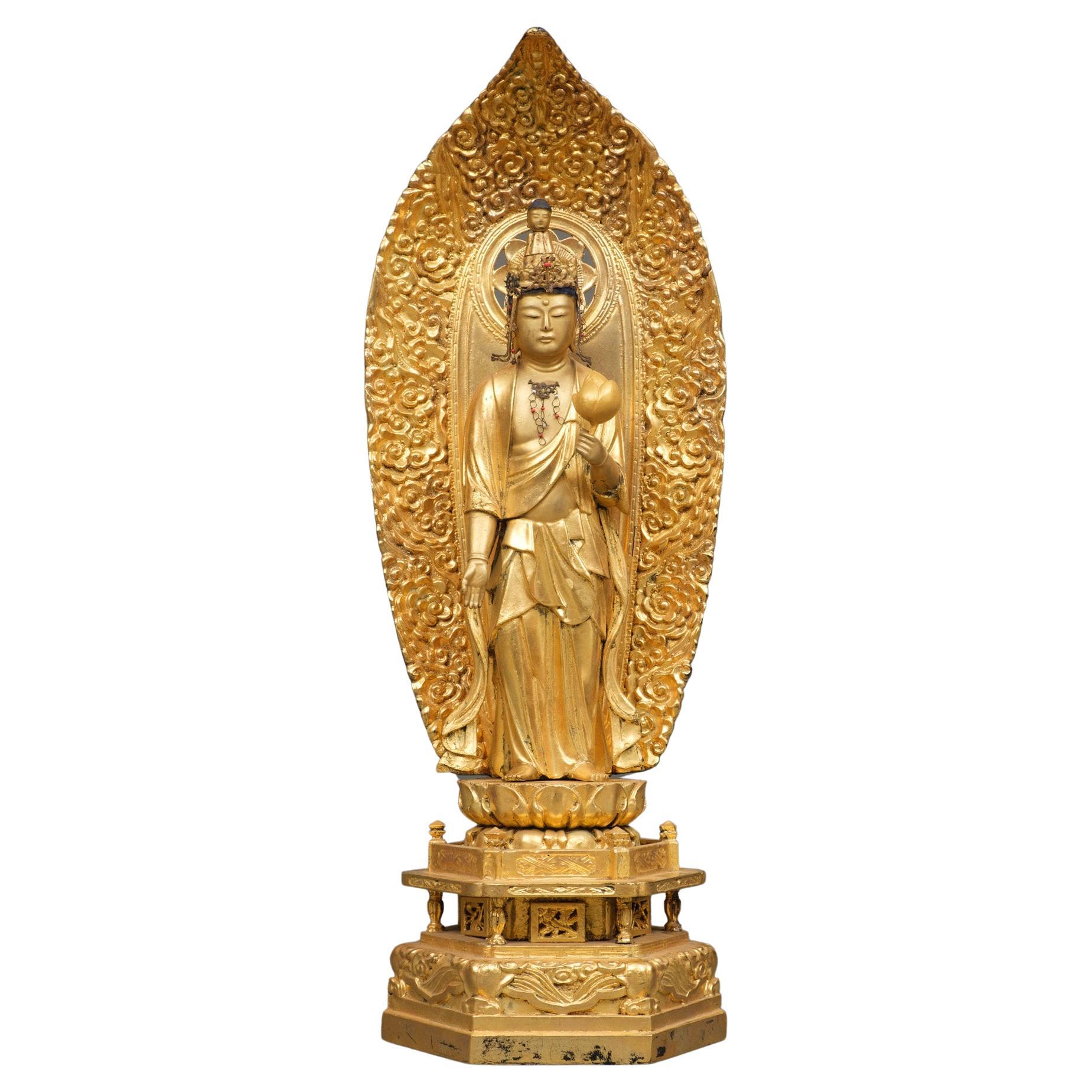Japanese Large Gold Lacquer Bodhisattva Kannon 観音 Holding a Padma 'Lotus'