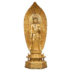 Japanese Large Gold Lacquer Bodhisattva Kannon 観音 Holding a Padma 'Lotus'