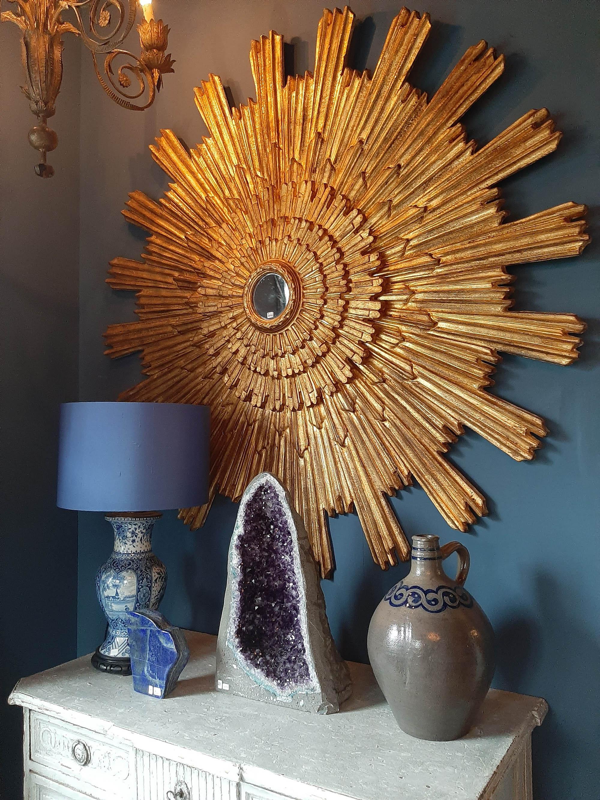 French Large Antique Gold Patinated Sunburst Mirror