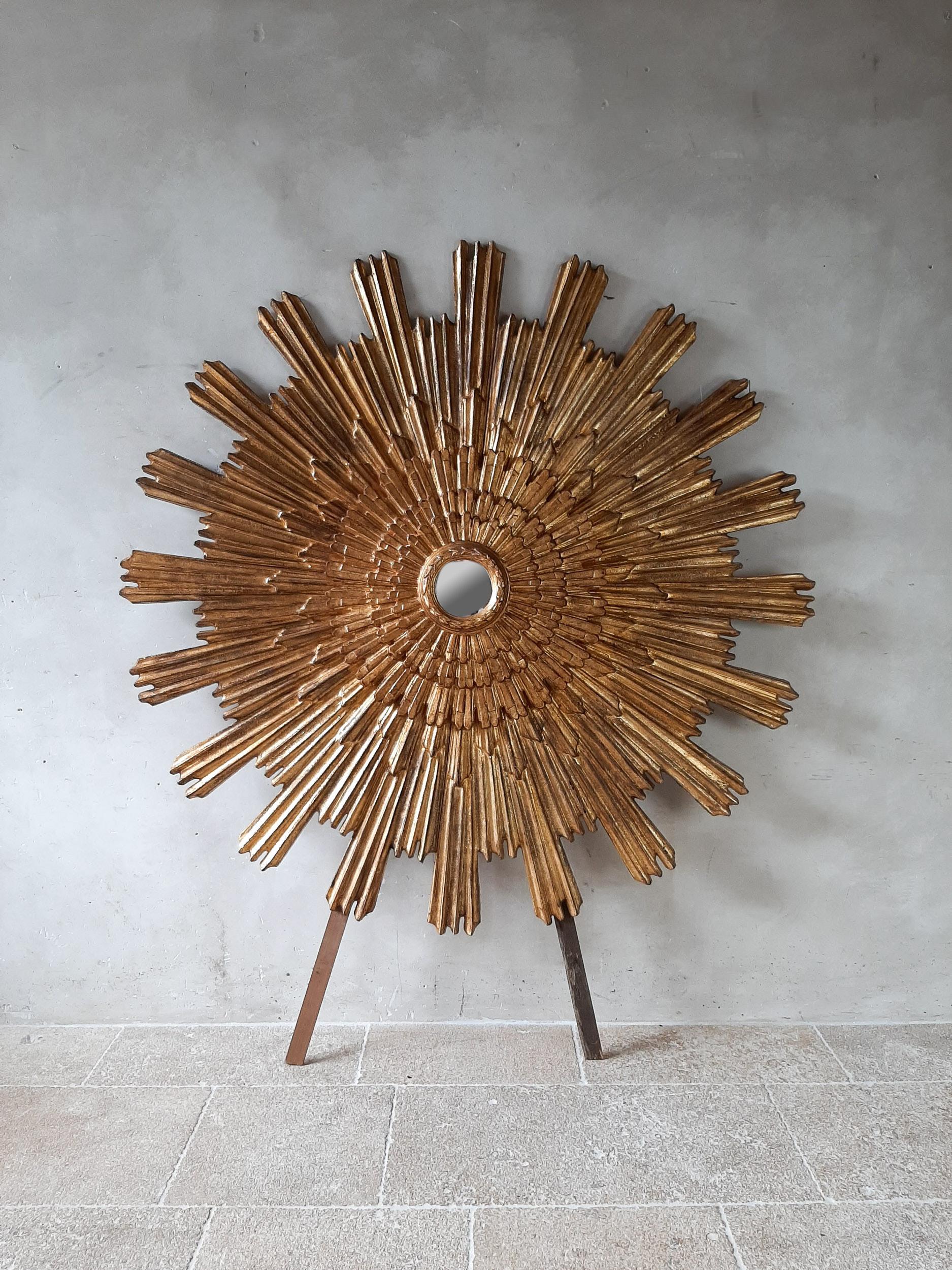 20th Century Large Antique Gold Patinated Sunburst Mirror