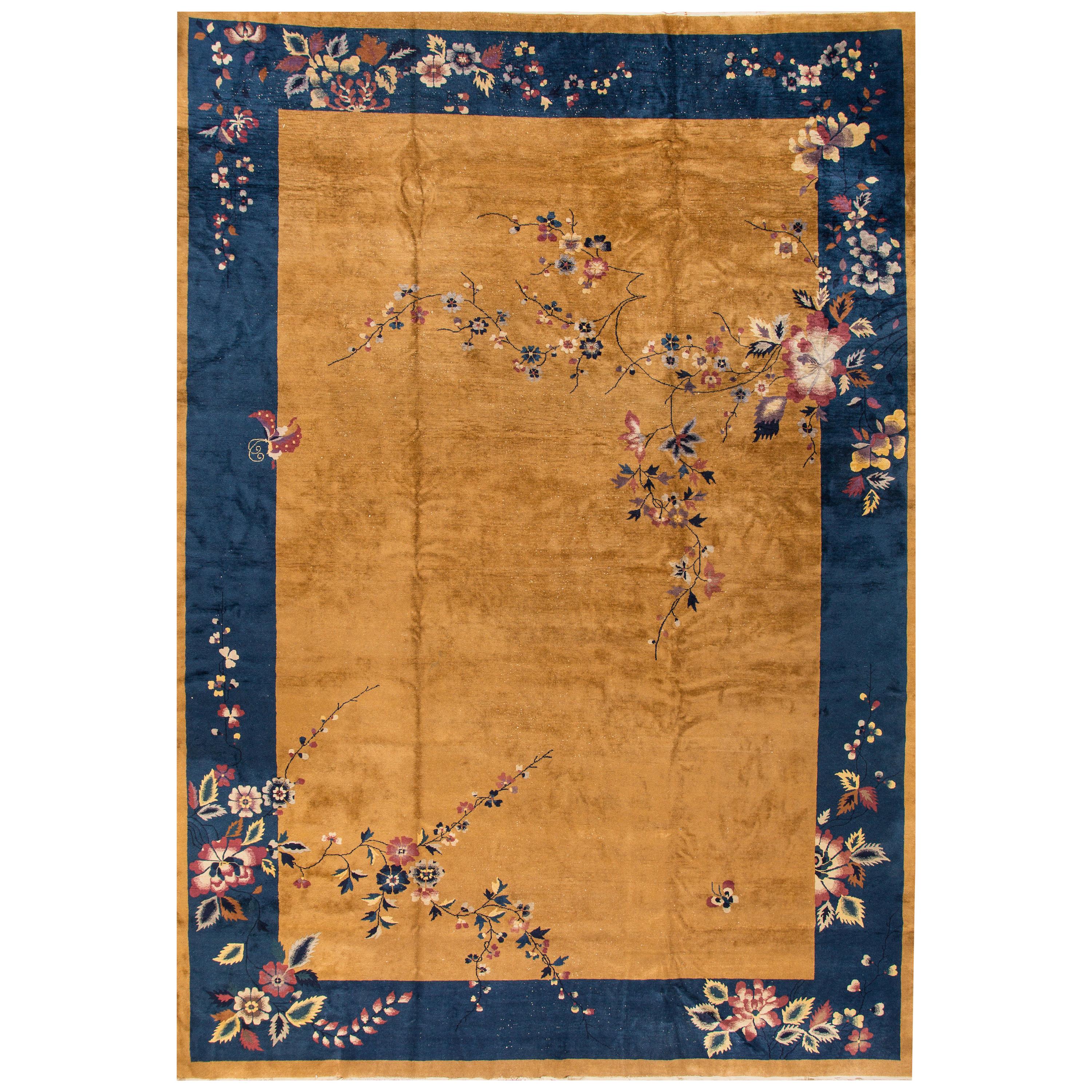 Large Antique Goldenrod Chinese Art Deco Wool Rug For Sale