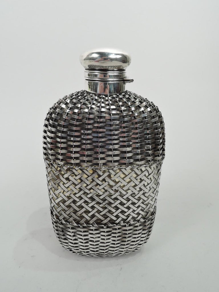 Large Antique Gorham American Edwardian Flask in Sterling Silver Cage In Excellent Condition For Sale In New York, NY