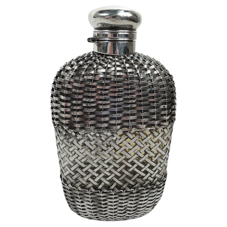 Large Antique Gorham American Edwardian Flask in Sterling Silver Cage For Sale