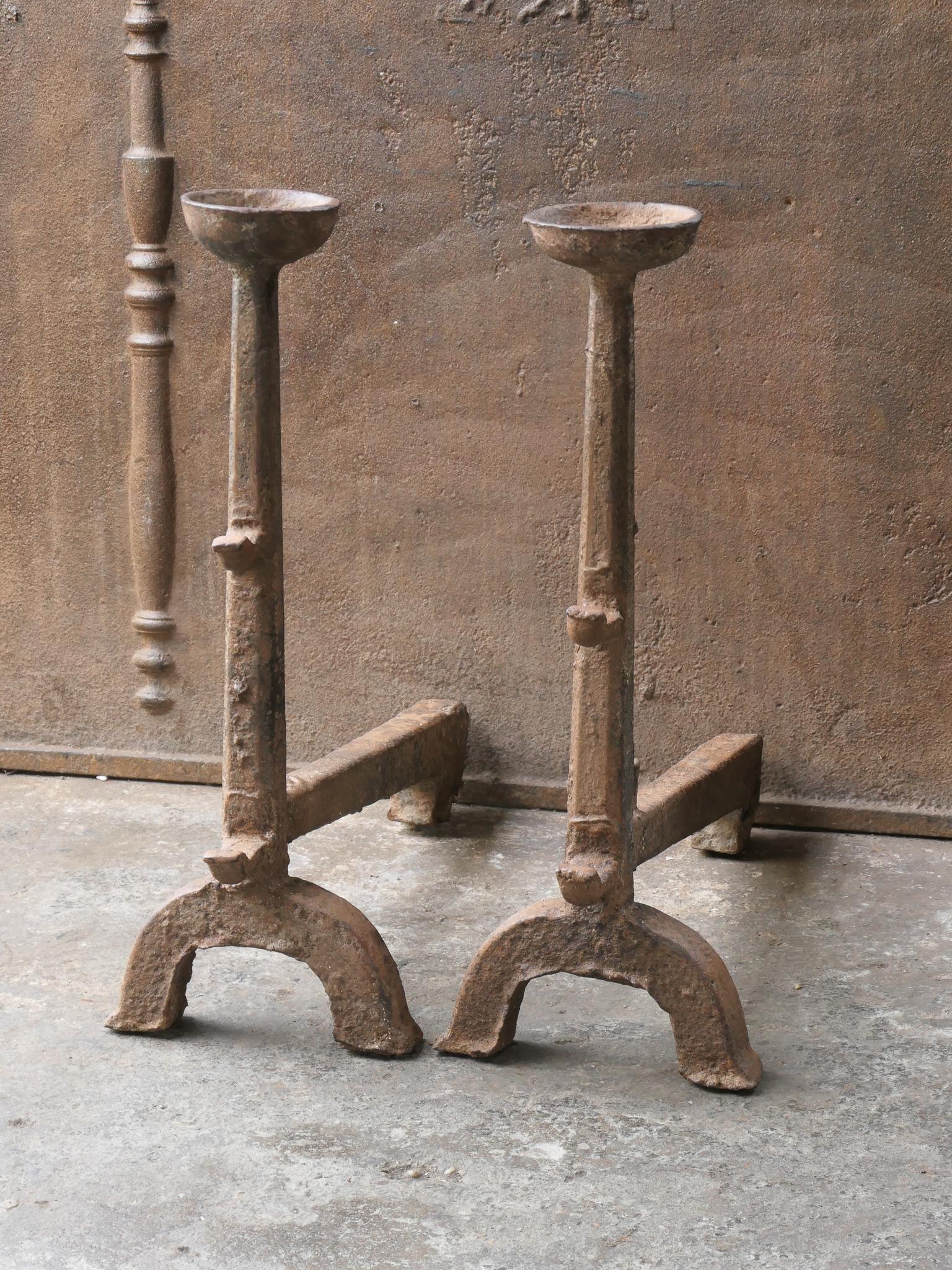 French Large Antique Gothic Andirons or Firedogs, 17th Century For Sale