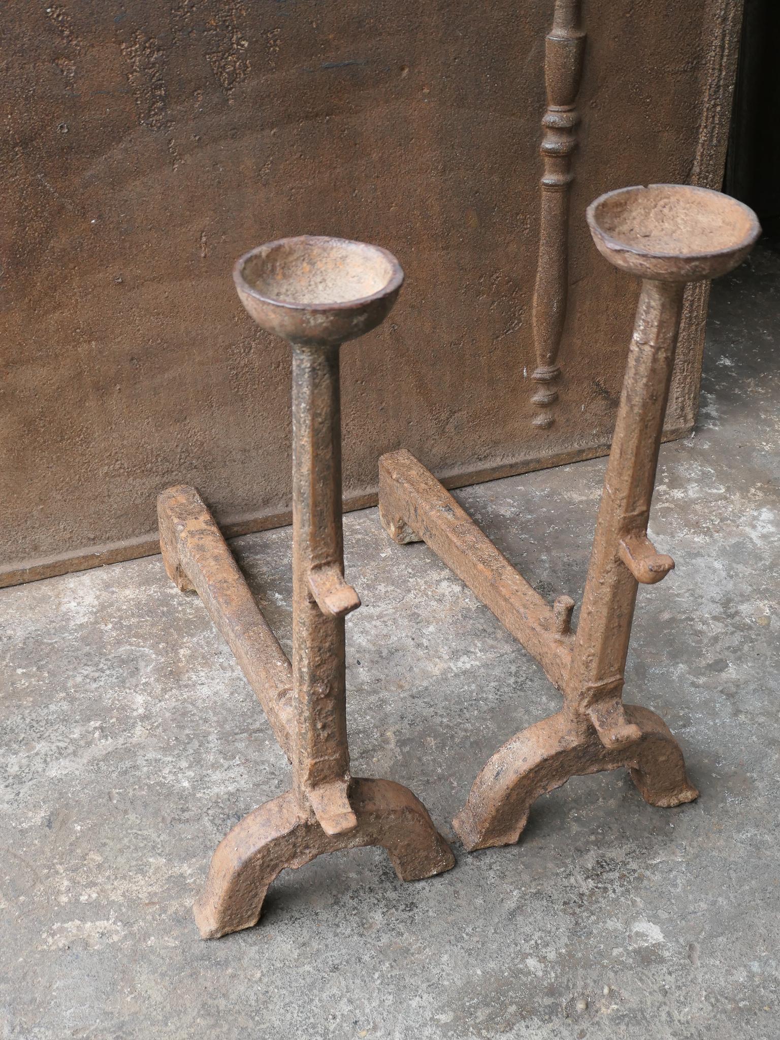 18th Century and Earlier Large Antique Gothic Andirons or Firedogs, 17th Century For Sale