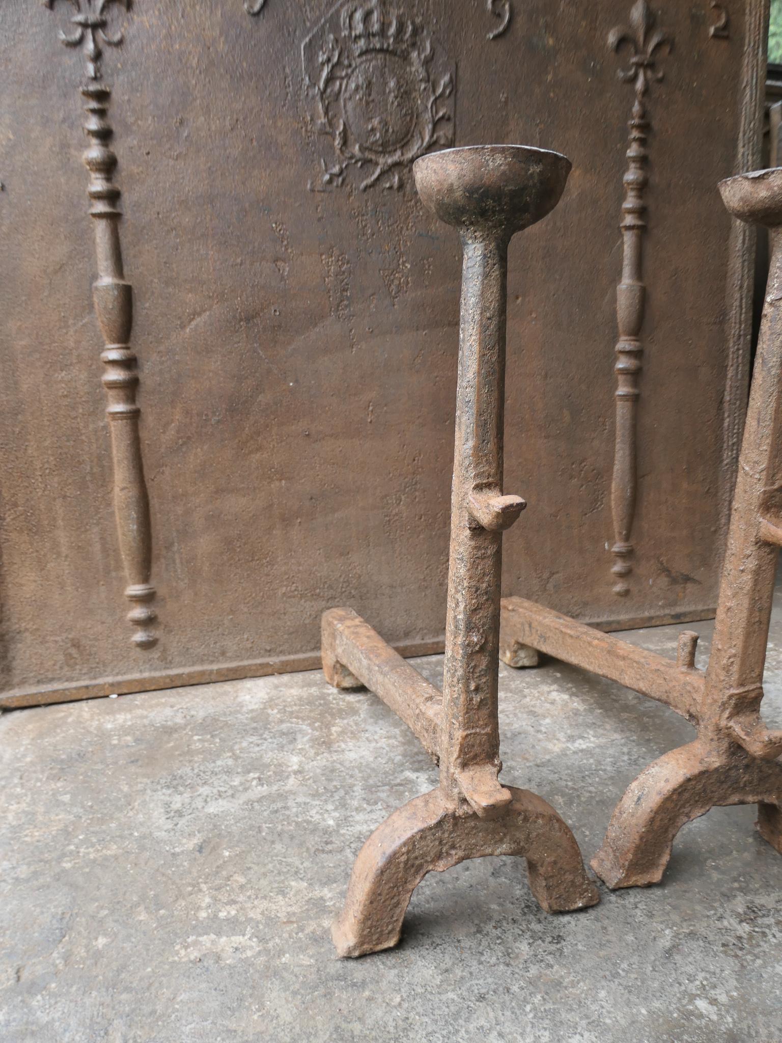 Iron Large Antique Gothic Andirons or Firedogs, 17th Century For Sale