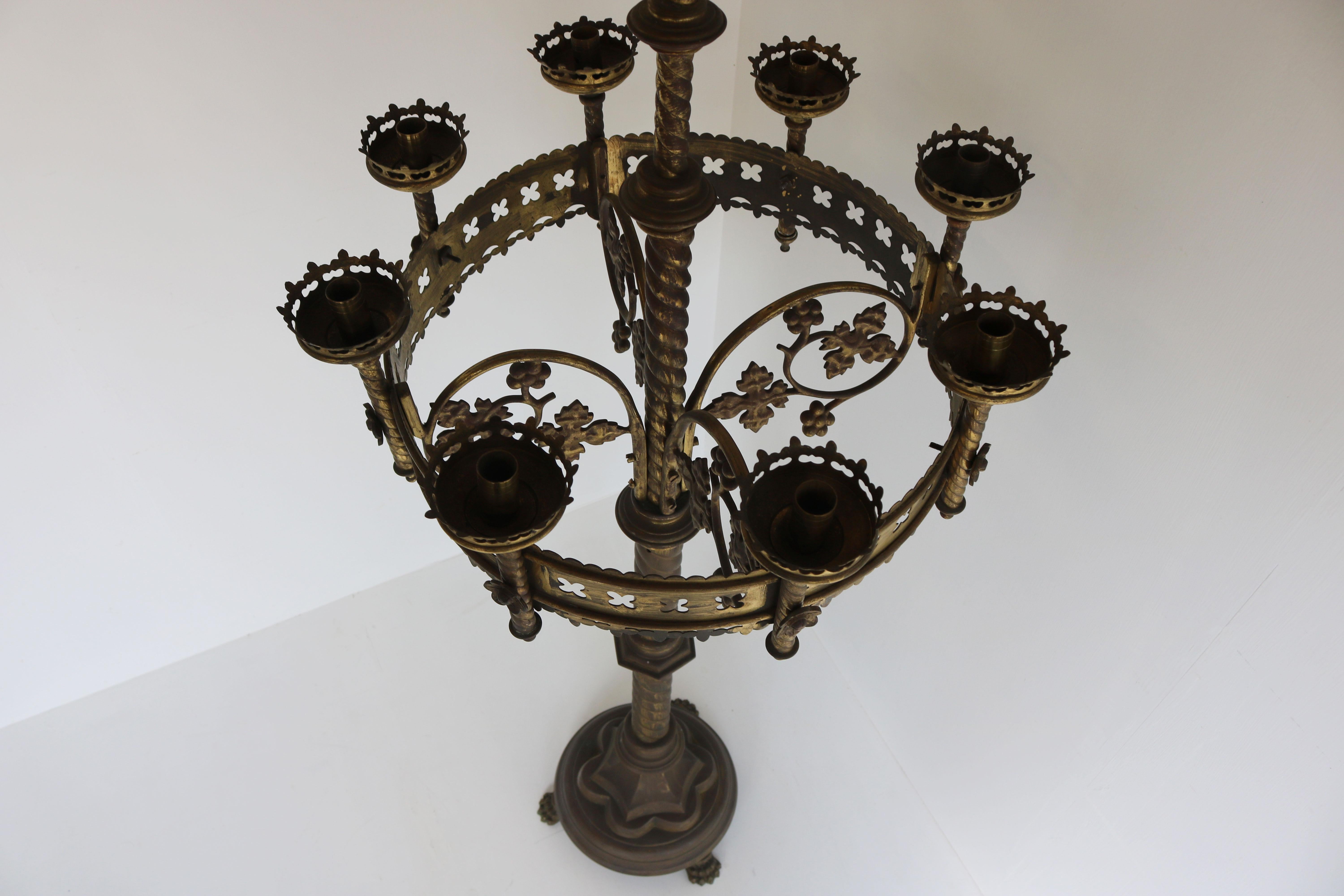 Large Antique Gothic Revival Church Candelabras 19th Century Brass Candlestick For Sale 3