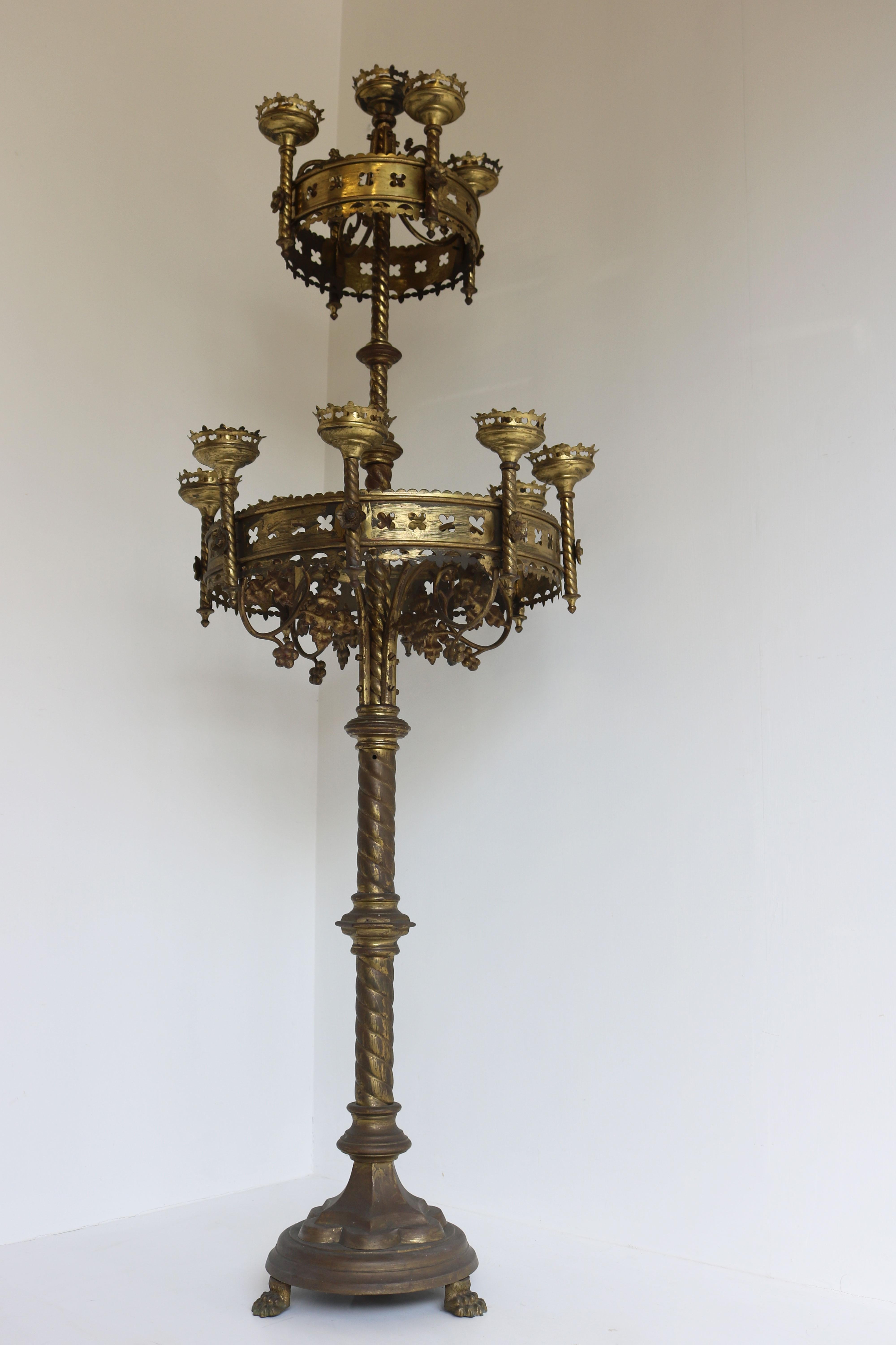 Large Antique Gothic Revival Church Candelabras 19th Century Brass Candlestick For Sale 4