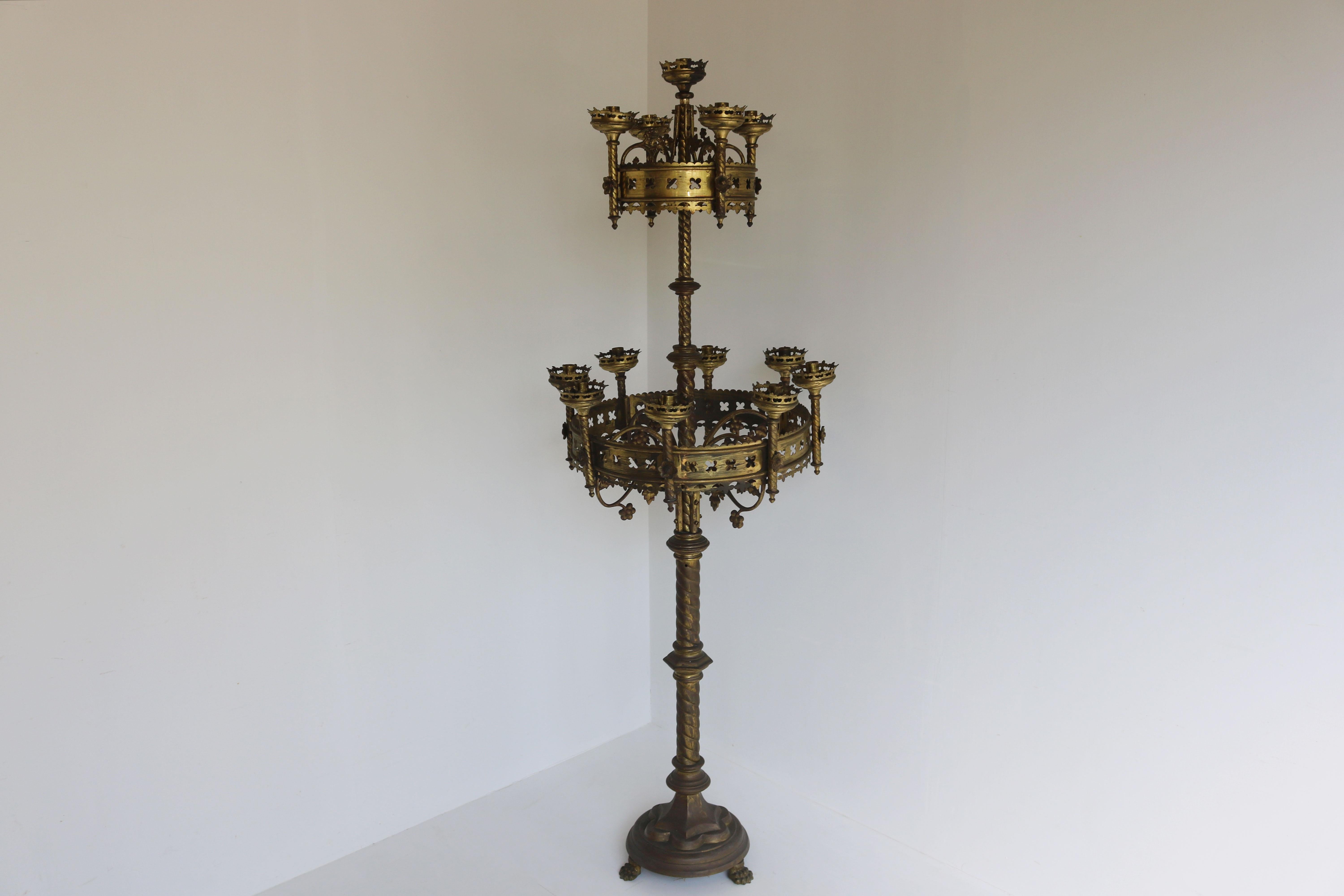 Large Antique Gothic Revival Church Candelabras 19th Century Brass Candlestick For Sale 5
