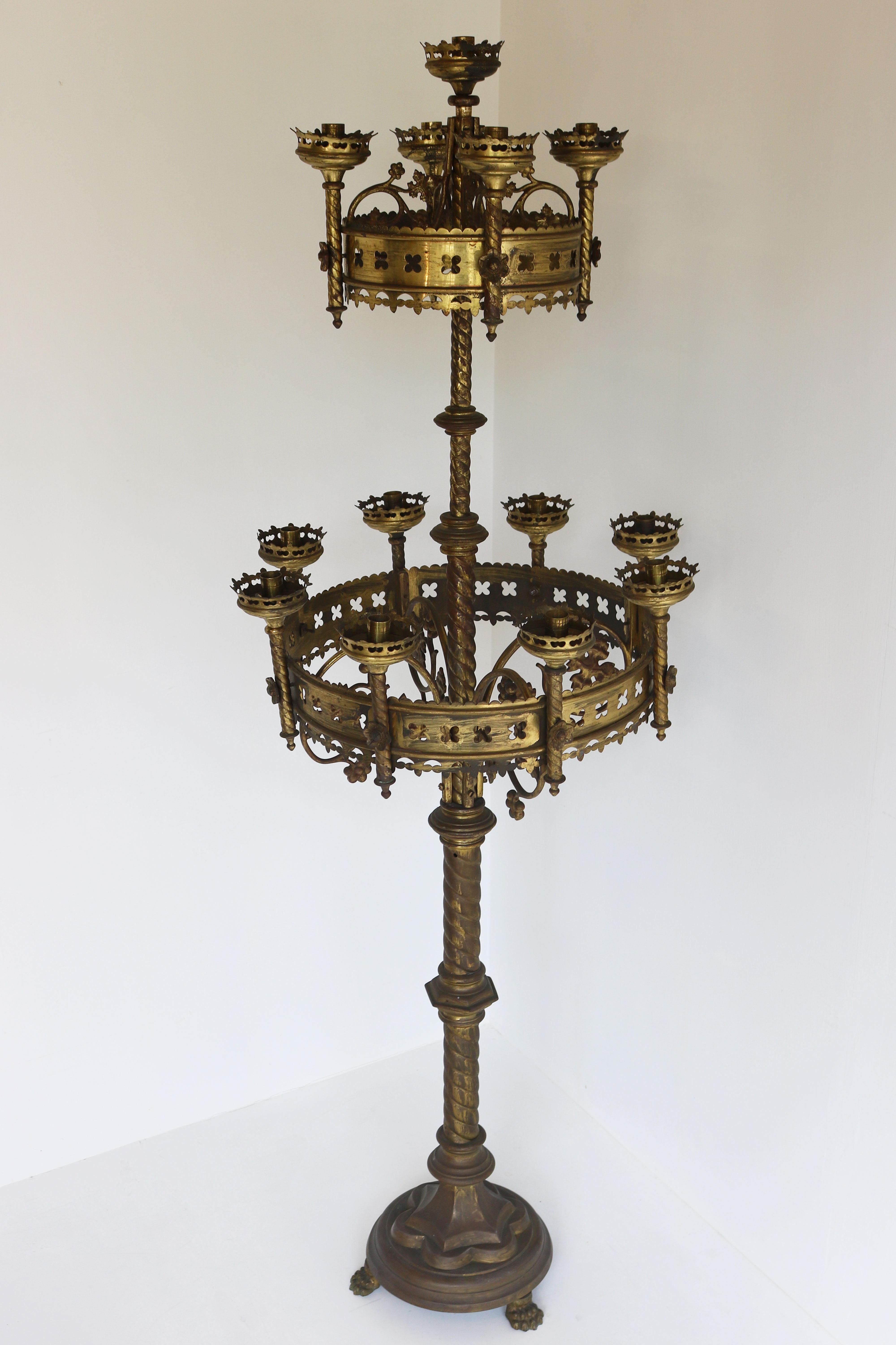 Large Antique Gothic Revival Church Candelabras 19th Century Brass Candlestick For Sale 7