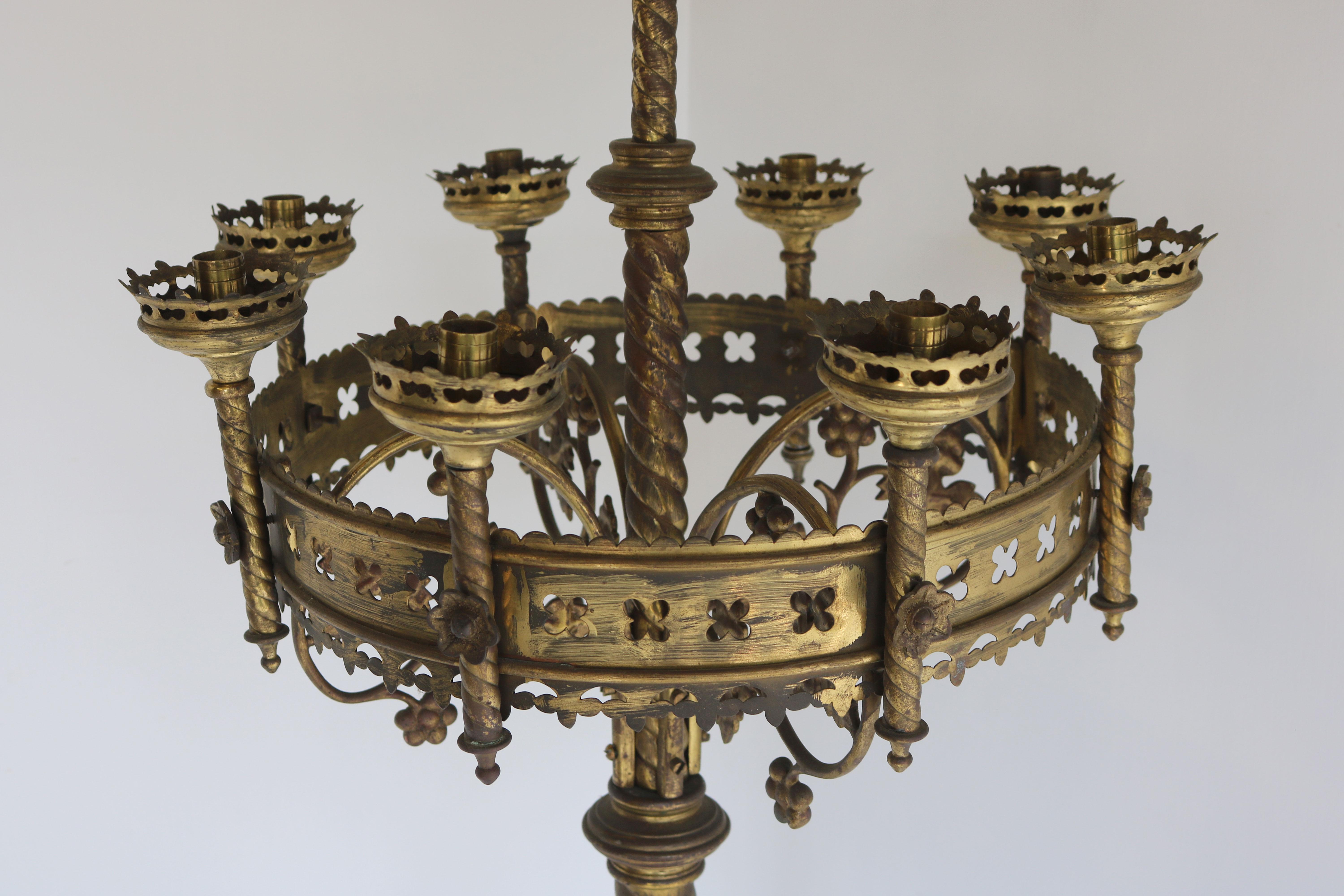 Large & impressive antique French Gothic Revival church candelabras for 13 candles. 
Amazing details with lions feet, many carved decorations & floral leaves. 
Made from brass & bronze with a gorgeous age patina. Very large model used in a French