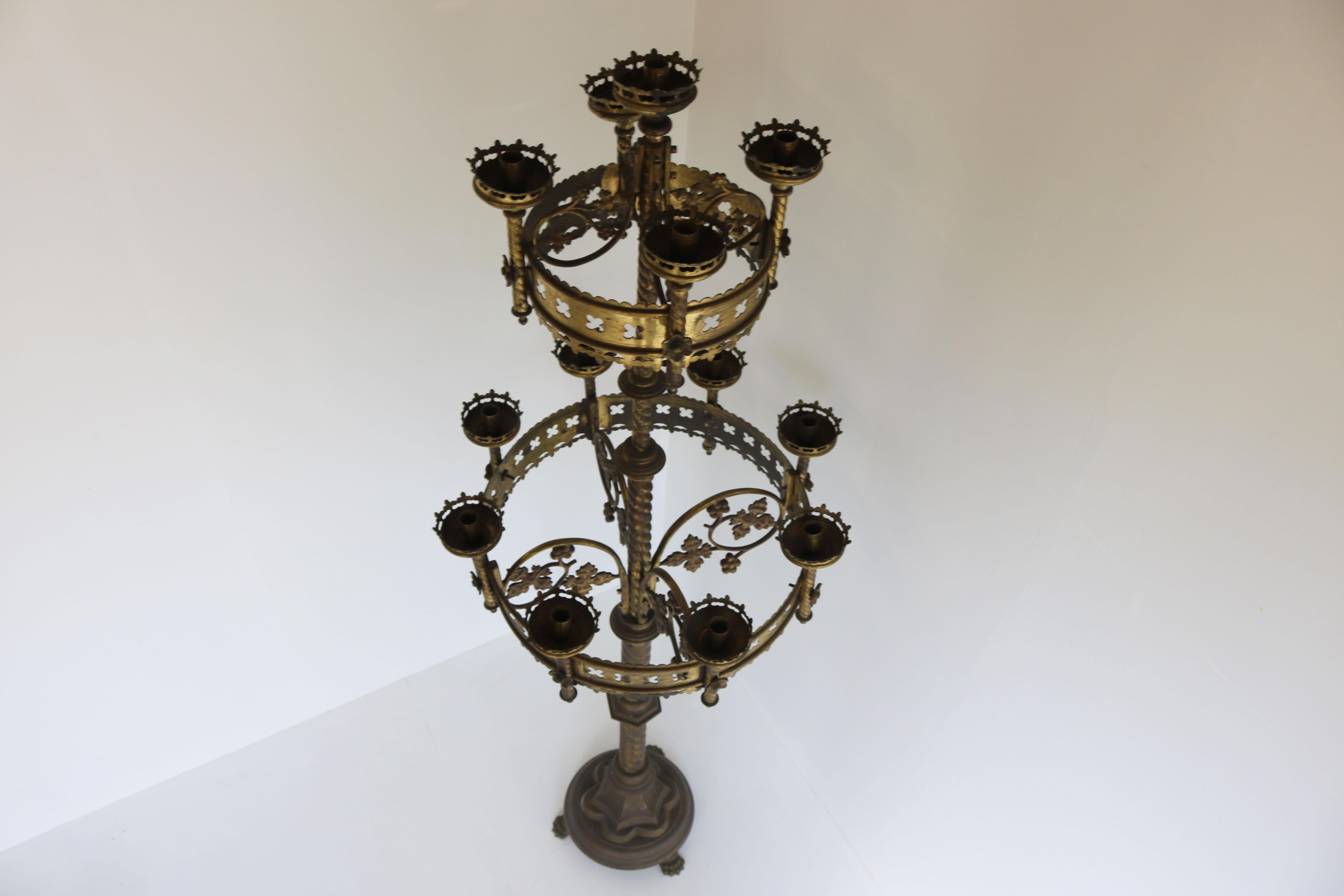 Large Antique Gothic Revival Church Candelabras 19th Century Brass Candlestick For Sale 1