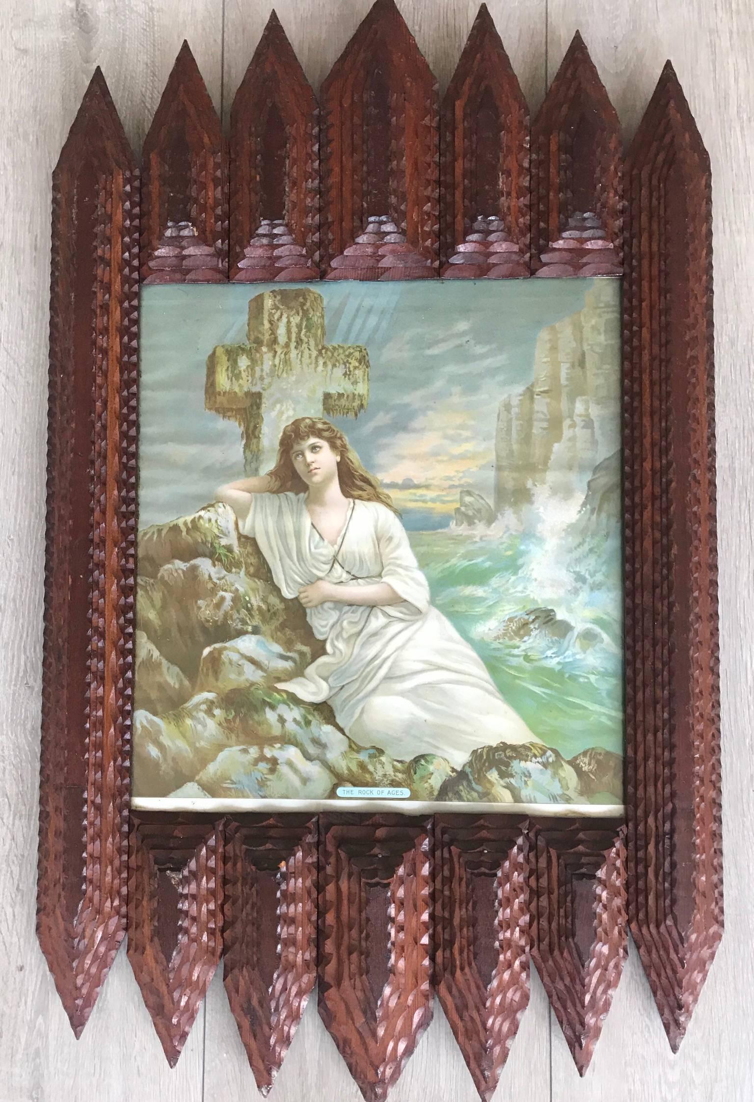 Beautifully crafted picture frame with the original glass panel. 

For the collectors of top quality and sizable Tramp Art home accessories we also have this stunning and one of a kind frame. This finely detailed frame is in perfect condition, it
