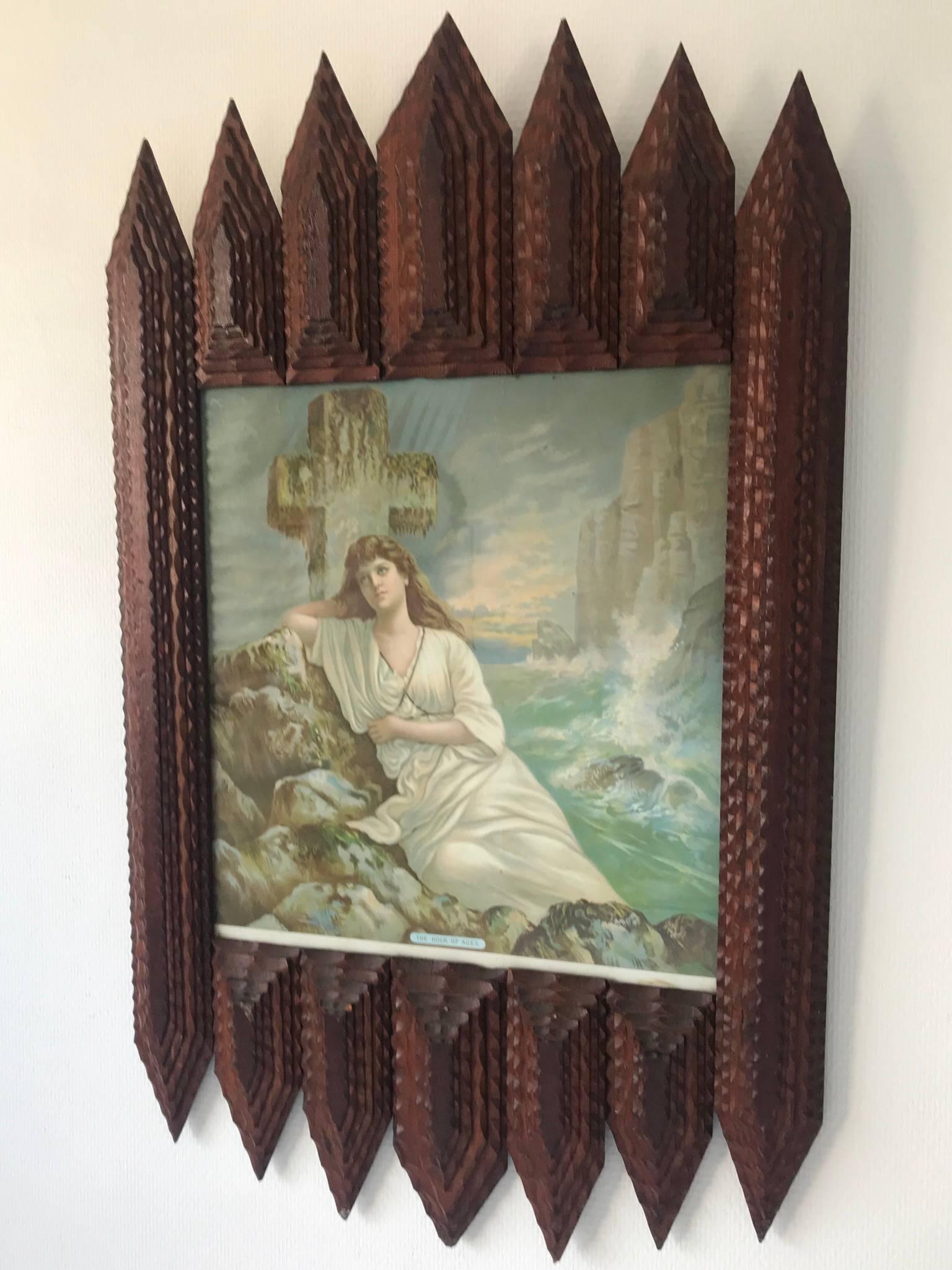 Large Antique Gothic Revival Hand-Carved Tramp Art Picture Frame / Mirror Frame In Excellent Condition In Lisse, NL