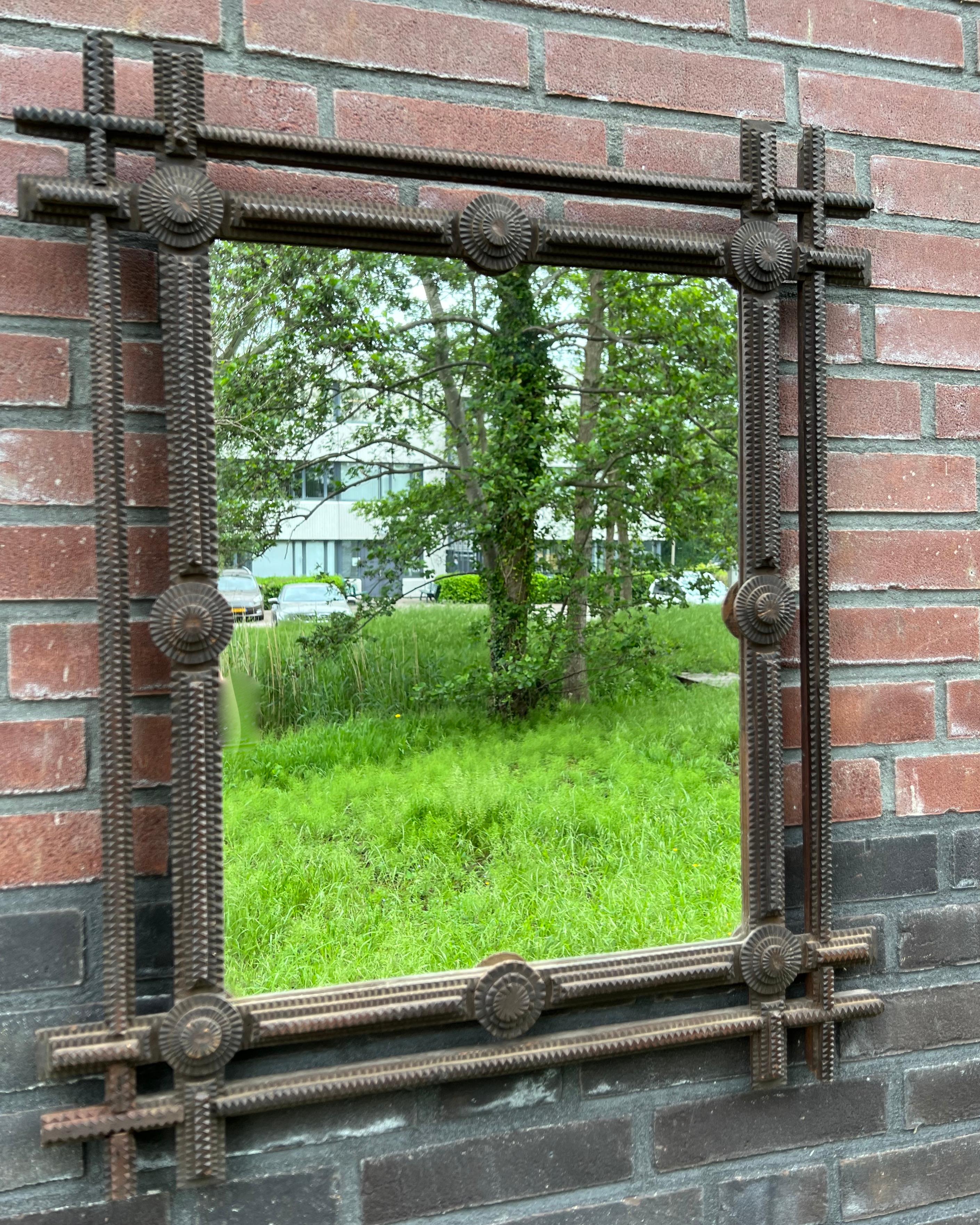 Large Antique Gothic Revival Hand Carved Wooden Tramp Art Mirror / Picture Frame 5