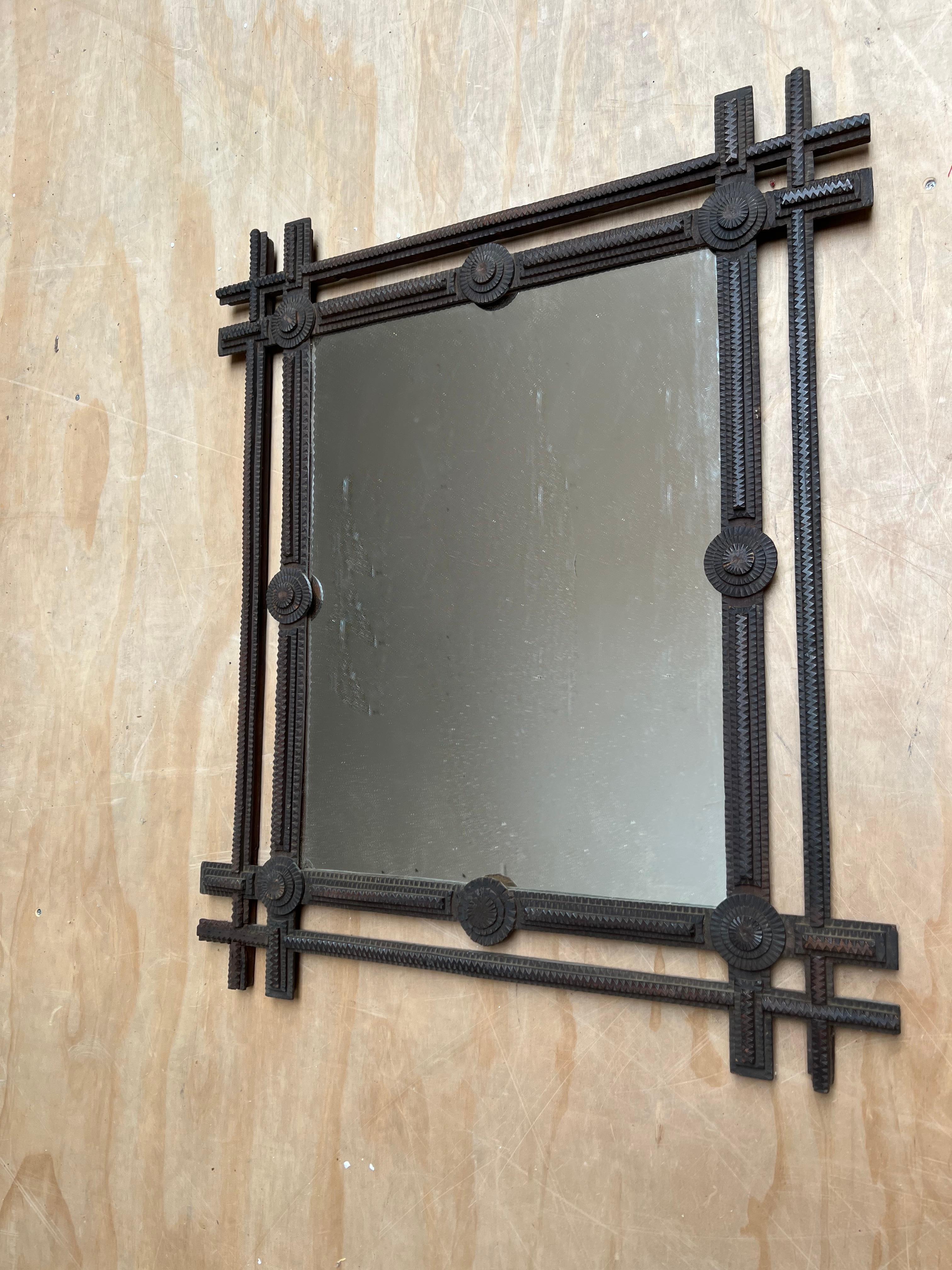 Large Antique Gothic Revival Hand Carved Wooden Tramp Art Mirror / Picture Frame 10