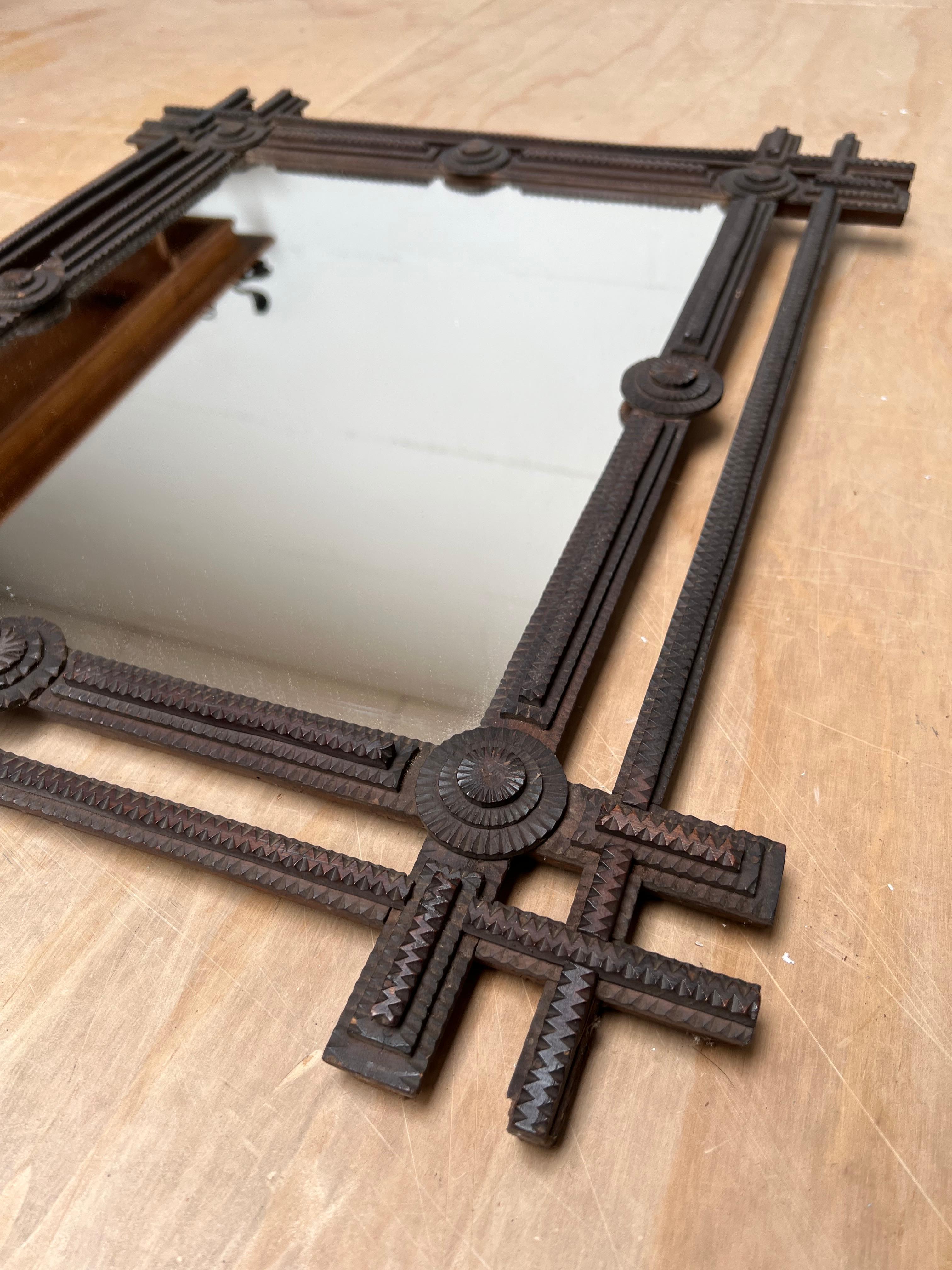 Large Antique Gothic Revival Hand Carved Wooden Tramp Art Mirror / Picture Frame 12