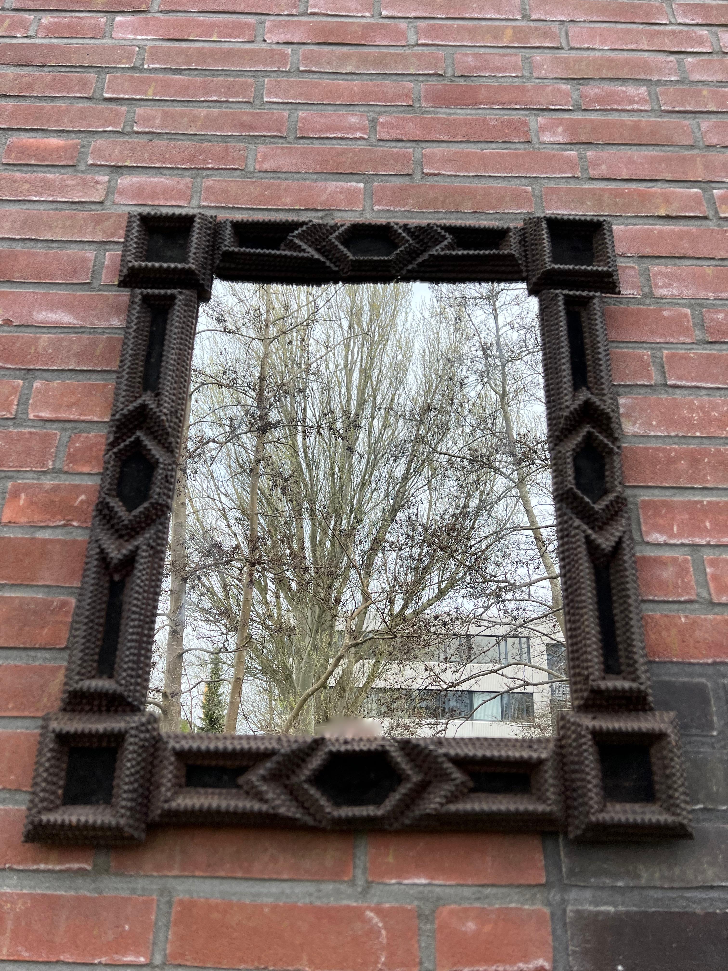 Large Antique Gothic Revival Hand Carved Wooden Tramp Art Mirror / Picture Frame 14