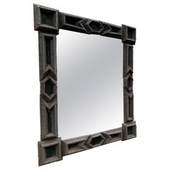 Large Antique Gothic Revival Hand Carved Wooden Tramp Art Mirror / Picture Frame