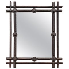 Large Antique Gothic Revival Hand Carved Wooden Tramp Art Mirror / Picture Frame